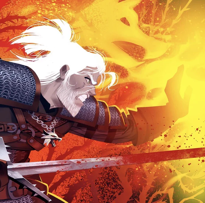 Digital illustration of Geralt from The Witcher 3: Wild Hunt engaged in battle. Geralt is shown from the waist up in profile, with a fierce expression on his face. He holds a bloodied sword in his right hand and casts Igni with his left, filling much of the image with a fiery, yellow and red glow. Geralt wears his witcher armor, and the wolf medallion hangs from his neck. His hair is partly tied back, with several loose strands falling across his forehead. In the background, the silhouette of a wolf's head is visible, alongside thorny tree branches.