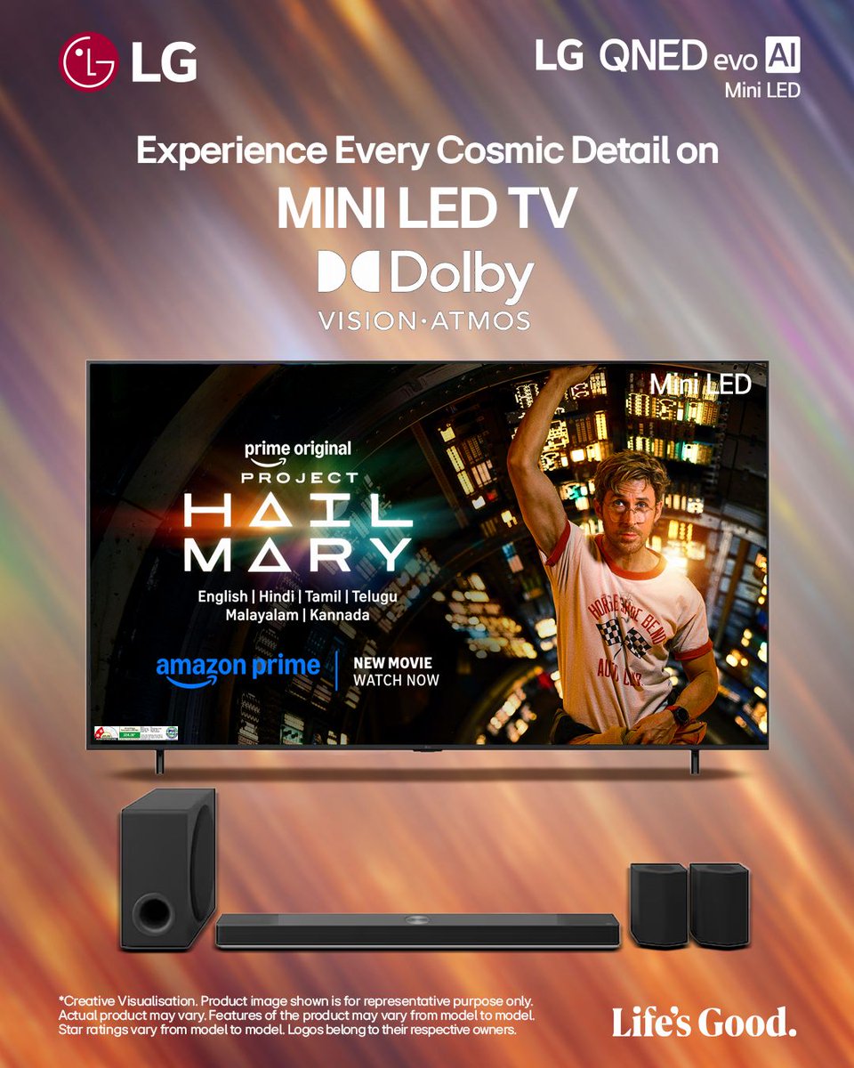LGIndia's tweet photo. Experience Project Hail Mary in stunning detail on LG QNED evo AI Mini LED TVs with Dolby Vision & Atmos only on Prime Video.
Know more: https://t.co/lPzFn2nAEv
#LG #LifesGood #LGQNED #MiniLEDTV #ProjectHailMary #PrimeVideo https://t.co/o1ua5BPOkt