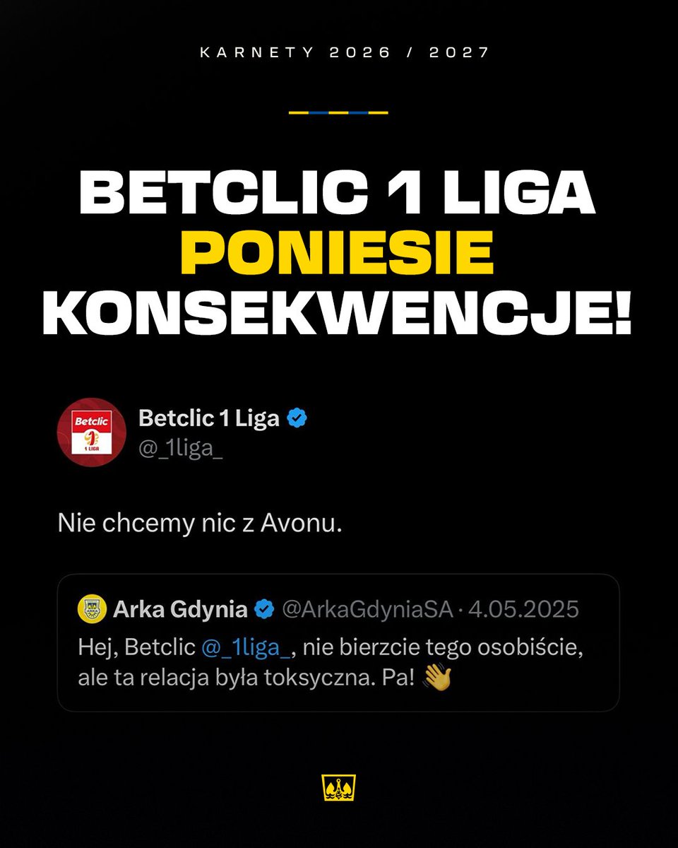 ArkaGdyniaSA's tweet photo. 📑 Kup karnet i razem sprawmy, by @_1liga_ poniosła konsekwencje za nieodwracalne szkody wyrządzone naszemu Klubowi poniższym wpisem.

🎟️ https://t.co/ZgvAQ8lRAN https://t.co/IVjb2mN4pE