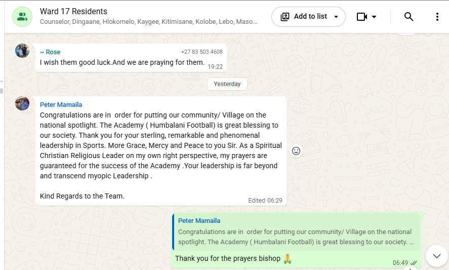 MamailaA's tweet photo. FROM A RURAL VILLAGE TO THE NATIONAL STAGE 🇿🇦⚽

Today, my heart is filled with gratitude and hope.

I am deeply humbled by the encouraging words from Bishop Peter Mamaila of the Mamaila Tribal Office, who wrote this words In our village, ward 17  Whatsapp group attached ........ https://t.co/FWJMObQHUE