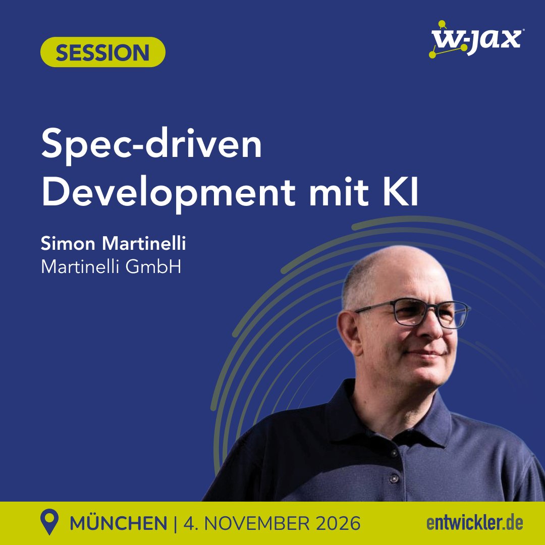 jaxcon's tweet photo. 🧩 Spezifikation statt Code als Quelle der Wahrheit?
@simas_ch zeigt, wie KI daraus Code, Tests & Modelle generiert.
📅 Mittwoch, 04.11. | 11:45 Uhr
🔗 https://t.co/Hb7Hca4LiV
#jaxcon https://t.co/b6vfVuAtgq