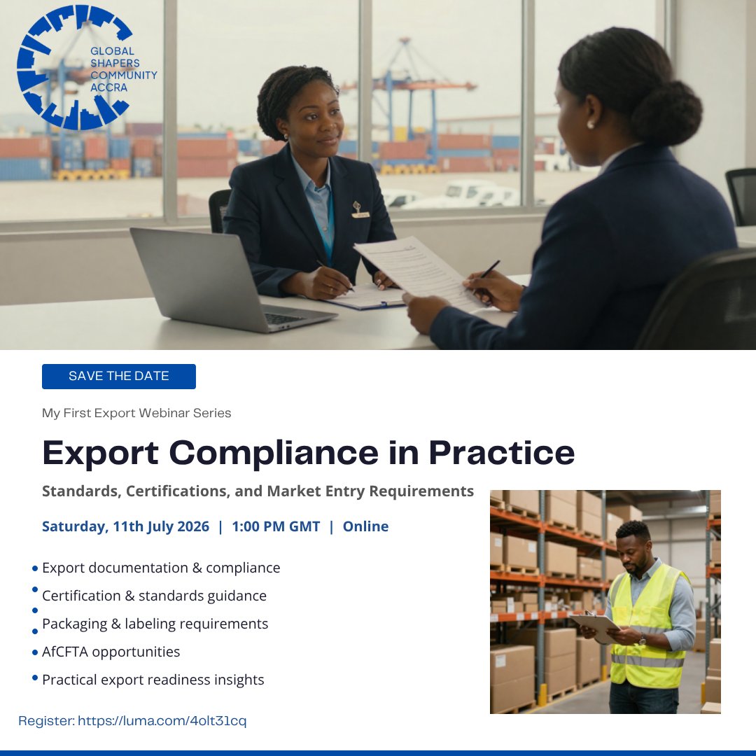 GlobalShapersAC's tweet photo. It Is Tomorrow

Meet our speaker, Dode Seidu, Founder &amp; CEO of Africa Trade Academy.

With 15+ years in international trade, he'll share practical insights on Export Compliance: Standards, Certifications &amp; Market Entry Requirements.

Register: https://t.co/kfEJxsVam8

See you ! https://t.co/CYki6UYfMw