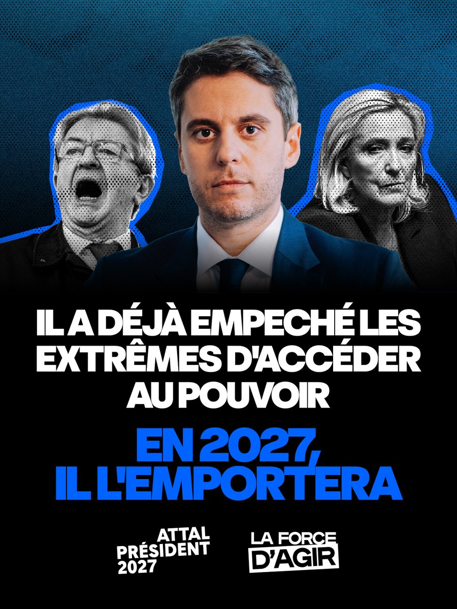 AttalPresident_'s tweet photo. Outrance perpétuelle d'un côté, vide abyssal de l'autre.

Alors que les extrêmes tentent d'abîmer notre démocratie, nous gardons le cap avec Gabriel Attal et son grand projet pour la Nation.

Il a déjà tenu tête aux extrêmes à deux reprises. En 2027, il recommencera, en les combattant encore une fois et en proposant un projet fort pour la nation !

Face aux extrêmes, rejoignez le combat ➜ https://t.co/Mdw5S2iYbf