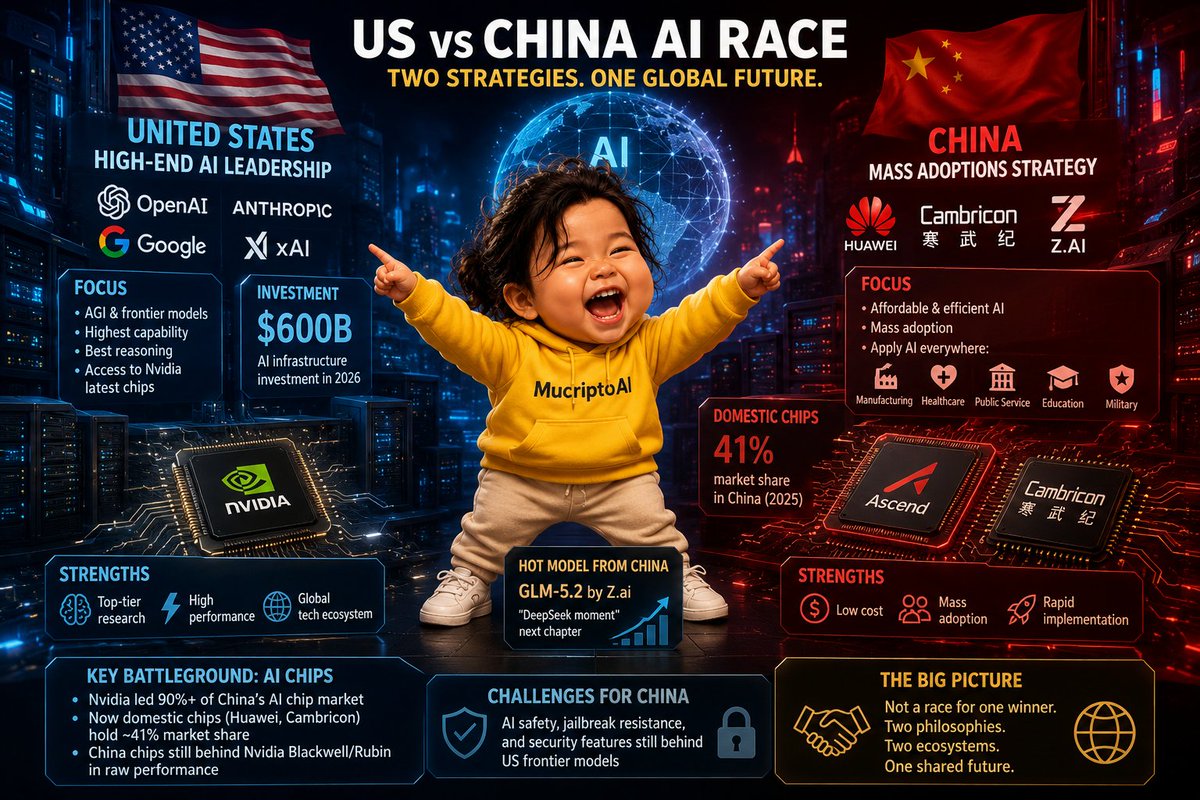 mucriptoAI's tweet photo. US vs China bukan lagi sekadar lomba bikin AI paling pintar.

Mereka sekarang bermain dengan dua strategi yang benar-benar berbeda.

AS memilih jalur high-end AI: mengejar AGI dan model paling canggih lewat OpenAI, Anthropic, Google, dan xAI, didukung investasi infrastruktur yang diproyeksikan mencapai $600 miliar pada 2026. Fokusnya adalah capability tertinggi, reasoning terbaik, dan akses ke chip Nvidia generasi terbaru.

Sementara itu, China memilih jalur AI yang murah, efisien, dan bisa dipakai di mana-mana. Target mereka bukan menjadi nomor satu di benchmark, tetapi mempercepat adopsi AI di manufaktur, kesehatan, layanan publik, pendidikan, hingga militer.

Medan perang terbesar ada di chip AI. Beberapa tahun lalu Nvidia mendominasi lebih dari 90% pasar AI China. Kini chip domestik seperti Huawei Ascend dan Cambricon mulai mengambil porsi pasar yang jauh lebih besar. Meski begitu, dari sisi performa mentah, chip China masih tertinggal dari Nvidia Blackwell dan Rubin.

Di sisi model, GLM-5.2 dari https://t.co/X4ShgcLa5Z disebut sebagai "DeepSeek moment" berikutnya karena menawarkan performa tinggi dengan biaya jauh lebih rendah. Sementara pembatasan ekspor AS justru mendorong China mempercepat pengembangan chip dan model AI domestik.

Pada akhirnya, ini bukan sekadar perlombaan membangun AI paling pintar. Ini adalah pertarungan dua filosofi: AS mengejar AI terbaik di dunia, sementara China mengejar AI yang digunakan oleh seluruh dunia. Kita kemungkinan akan melihat dua ekosistem AI global yang tumbuh berdampingan, bukan satu pemenang tunggal.

#AIRace #ArtificialIntelligence #USChina