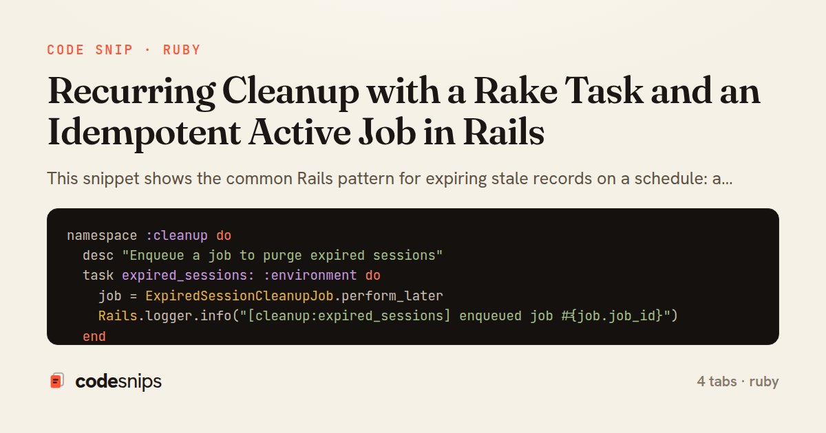 msojka's tweet photo. Recurring Cleanup with a Rake Task and an Idempotent Active Job in Rails https://t.co/AuQnq0fWPN #ruby #RubyOnRails https://t.co/kDezk0I0Q5