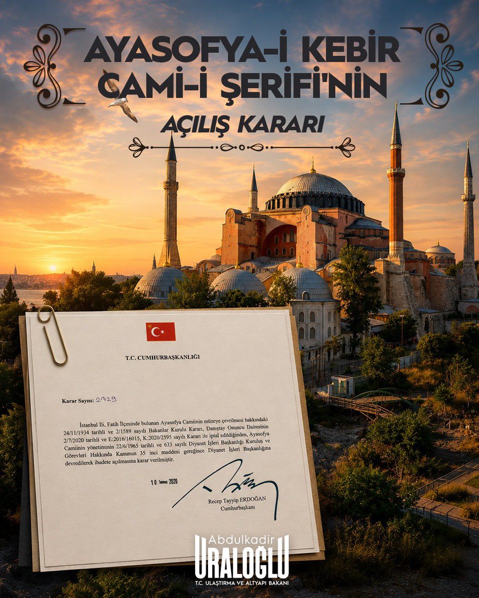 a_uraloglu's tweet photo. Ayasofya-i Kebîr Cami-i Şerîfi’nin yeniden ibadete açılış kararının üzerinden 6 yıl geçti.

Cumhurbaşkanımız Sayın @RTErdogan’ın ortaya koyduğu güçlü irade, milletimizin gönlündeki asırlık hasreti sona erdirdi.

Ayasofya’da yeniden yükselen ezanlar, tarihimize, değerlerimize ve emanete sahip çıkma kararlılığımızın en güzel nişanesi oldu.

Bugün de aynı inançla, aynı şuurla bu kutlu emanete sahip çıkmaya devam ediyoruz.

Ayasofya’mızın kapılarından eksilmeyen dualar, minarelerinden dinmeyen ezanlar daim olsun. 🤲