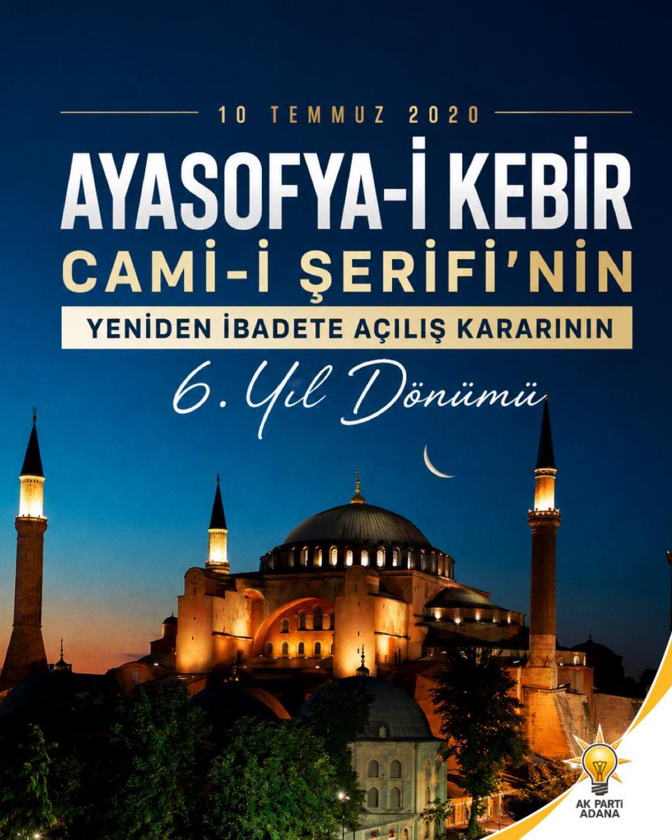 akpartiadanail's tweet photo. Fethin nişanesi, Fatih Sultan Mehmet Han’ın emaneti Ayasofya-i Kebir Cami-i Şerifi’nin yeniden ibadete açılış kararının 6. yıl dönümünü gururla kutluyoruz.

Milletimizin asırlık hasreti, Cumhurbaşkanımız ve Genel Başkanımız Sn. Recep Tayyip Erdoğan’ın kararlı iradesiyle son bulmuş; Ayasofya yeniden asli hüviyetine kavuşmuştur. 

Rabbim, bu kutlu mabedin kubbelerinden yükselen ezan-ı Muhammedi’yi, tekbirleri ve duaları kıyamete kadar daim eylesin. 🤲🇹🇷

@omerrcelik @abuyukgumus 
@KaramikSunay @abdullahdogru01 @farukaytek @yahyacelik_ @ozmehmetemin @avmustafaozkan