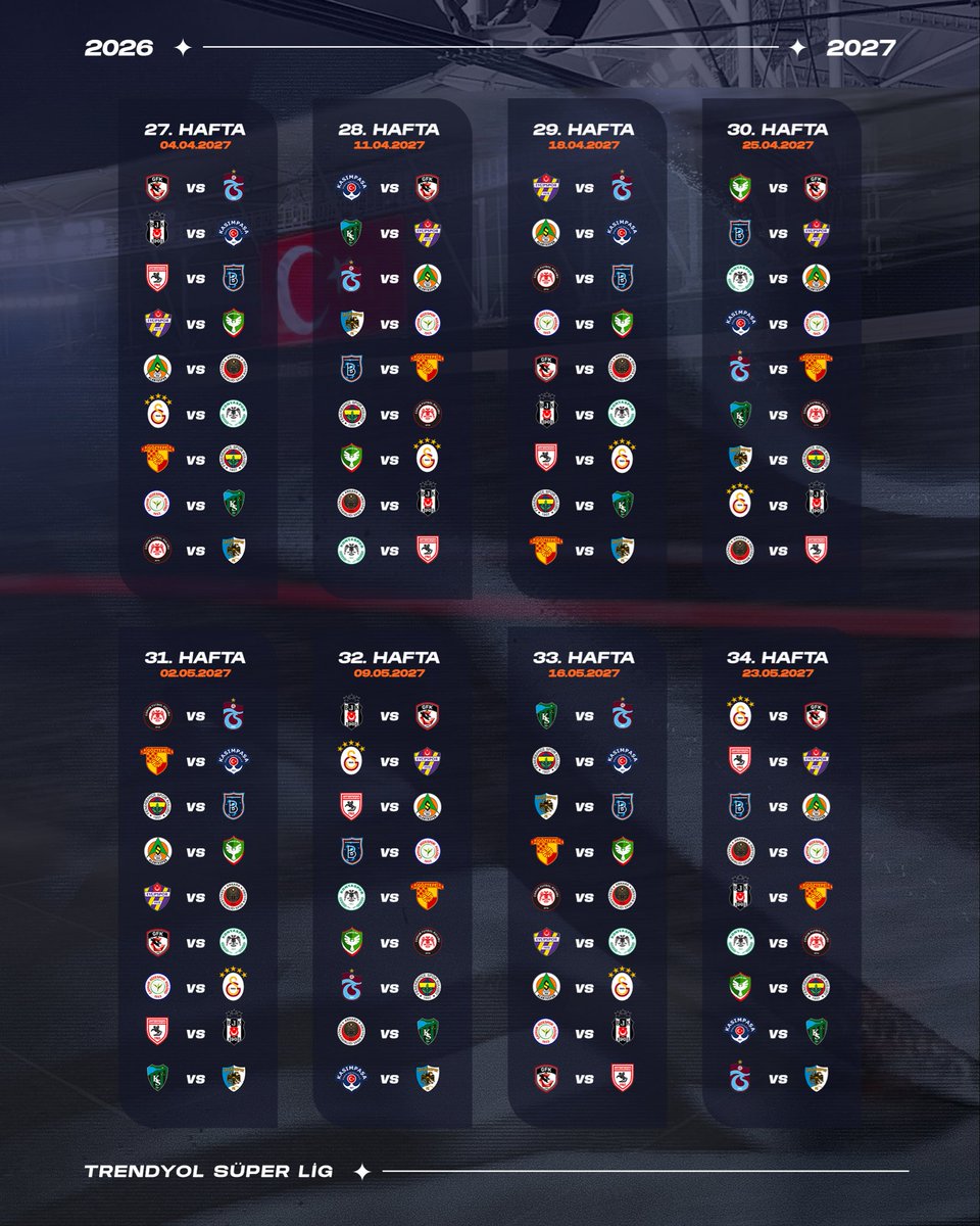 superlig's tweet photo. 34 hafta.
34 mücadele.
Tek hedef. 🏆

Trendyol Süper Lig’de 2026-2027 sezonunun fikstürü belli oldu! 📅⚽

En çok hangi haftayı merakla bekliyorsunuz? 👀 https://t.co/Bq2BOVOHxP