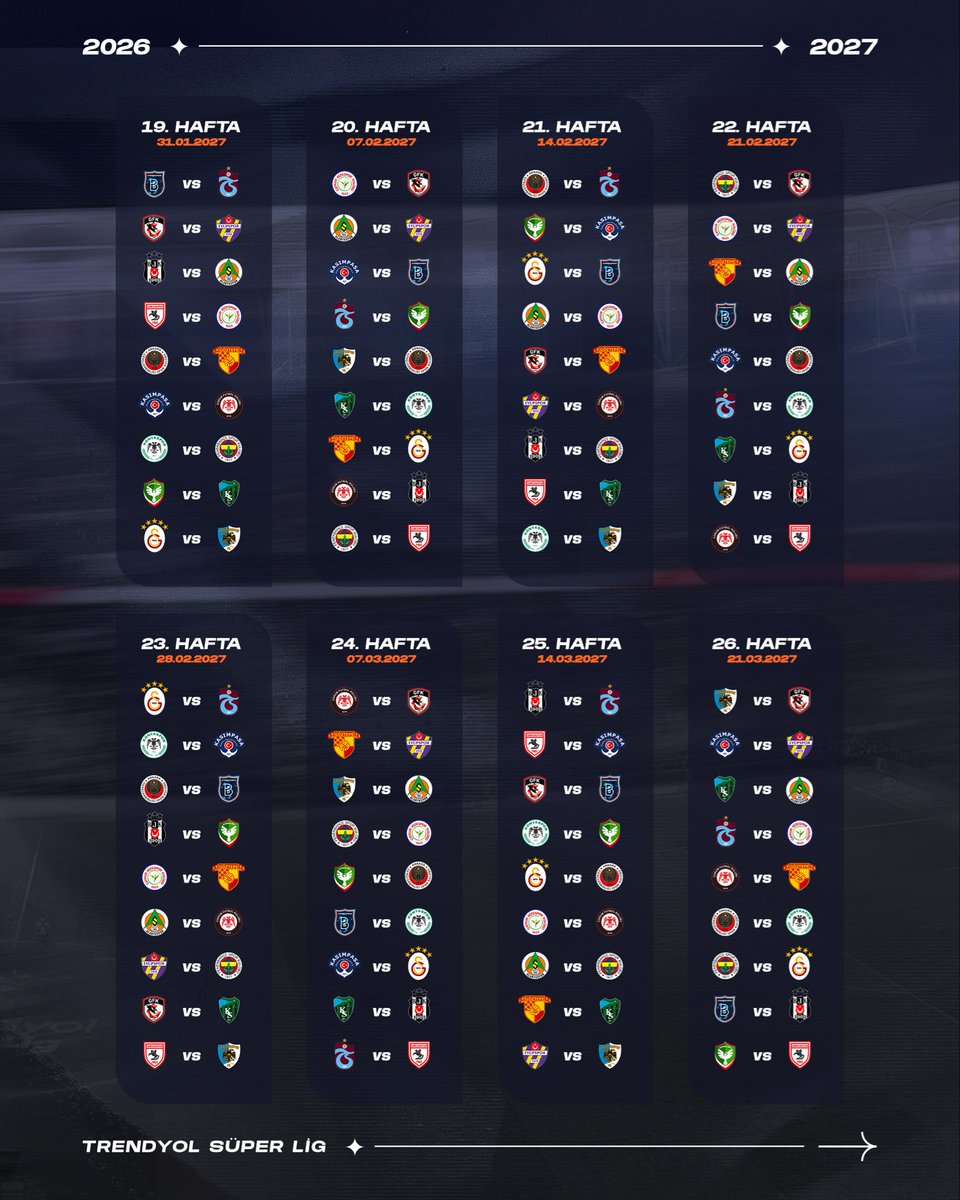 superlig's tweet photo. 34 hafta.
34 mücadele.
Tek hedef. 🏆

Trendyol Süper Lig’de 2026-2027 sezonunun fikstürü belli oldu! 📅⚽

En çok hangi haftayı merakla bekliyorsunuz? 👀 https://t.co/Bq2BOVOHxP