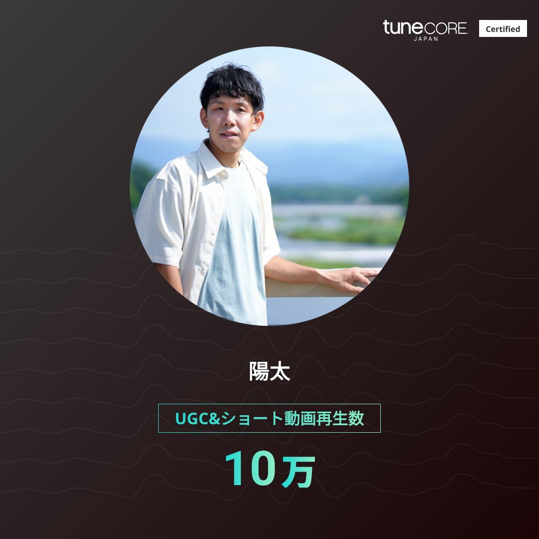 yotayy's tweet photo. 【10万再生達成!!】

陽太のリリースがUGC&amp;ショート動画で合計 10万 再生を達成しました！

楽曲をたくさんの方に聴いていただけて嬉しいです。

今月7月24日には新しい曲も配信されます!!

https://t.co/lELvnvnk4U

#TuneCoreアーティストマイルストーン @TuneCoreJapan https://t.co/qa17ntQryE