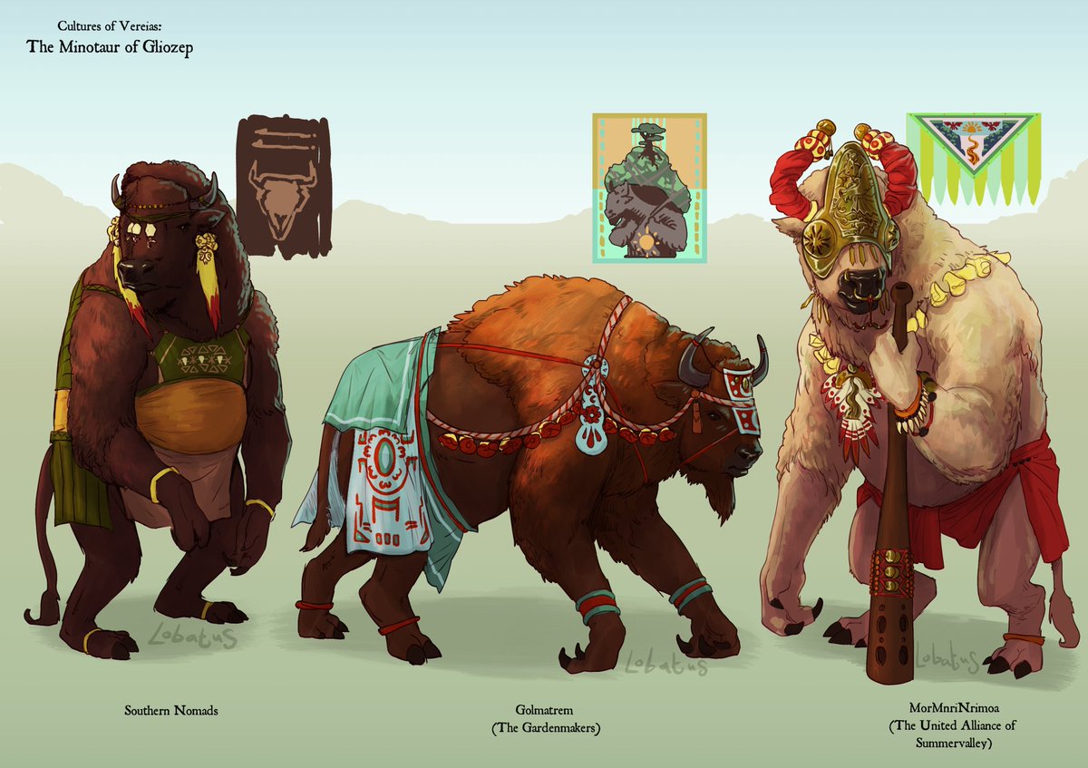Lobatus1's tweet photo. Some of the various beastfolk cultures I designed for our project. They are animal people from the island of Gliozep, the largest landmass in the Great Archipelago. Minotaur, Ursine, Cynocephalite and Centaur https://t.co/Q5gXW4lhWa