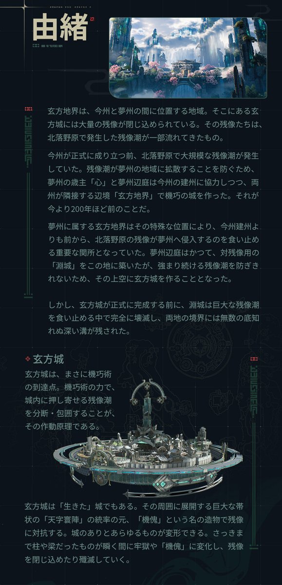WW_JP_Official's tweet photo. 『後悲鳴人類記事ー紀世通鑑』ーー玄方地界

玄方地界は、今州と夢州の間に位置する地域。そこにある玄方城には大量の残像が閉じ込められている。その残像たちは、北落野原で発生した残像潮が一部流れてきたもの。
玄方城は、まさに機巧術の到達点。その周囲に展開する巨大な帯状の「天字寰陣」の統率の元、「機傀」という名の造物で残像に対抗する。城のありとあらゆるものが変形できる。さっきまで柱や梁だったものが瞬く間に牢獄や「機傀」に変化し、残像を閉じ込めたり殲滅していく。

詳細は画像もしくは公式サイトでご確認ください！！▼
https://t.co/NXNA0GzB6W

#鳴潮