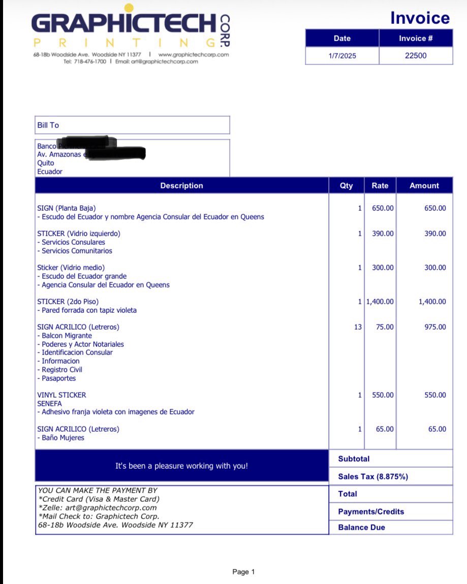 Drwandradee's tweet photo. 🚨ESCANDALOSA UTILIZACIÓN DEL CONSULADO EN QUENNS🇺🇸⁉️|| por parte de KAR ATAMAINT para beneficiar a un BANCO 🟡 del cual recibe beneficio$…pues con esta colaboración irregular se habrían canalizado/captado al rededor de 💲100 MILLONES de remesas, hasta el momento, de nuestros migrantes, la mayoría en situación migratoria irregular (ilegales), que en muchos casos habrían sido obligados a firmar formularios deficientemente traducidos en los cuales le hacen declararse falsamente como ciudadanos americanos o migrantes, para que puedan disponer de sus fondos transferidos a Ecuador, complicando su status migratorio, pues podrían ser acusados en USA de “felonía”; con el riesgo de involucrar al Estado ecuatoriano y al Gobierno de Mr. Daniel Noboa en investigaciones de posibles infracciones federales, por las operaciones indebidas y no autorizadas en el territorio gringo. 
PRUEBAS: 
1) La @CancilleriaEc ha certificado que no está autorizado el uso de las instalaciones a ningún título, para este efecto. (Ver img 1 y 2).

2) Sin embargo, el banco aventajado, PAGÓ varios arreglos en el @CEcuQueens como la señalética a cambio de que funcione una especie de agencia de servicios bancarios a pesar de que el banco involucrado no tiene autorización para operar en🇺🇸( Ver factura img 3 y 4).
✍️ Tenemos abundantes pruebas documentales de lo denunciado, incluyendo fotos y videos. 
✍️ Claramente, al menos existe un conflicto de intereses de la señora Diana Atamaint (@DianaAtamaint) por lo que esta deberá excusarse de participar en la sesión del Pleno del @cnegobec en la que se resuelva sobre la entrega de los formularios para la REVOCATORIA..@jr_cabreraz🔎