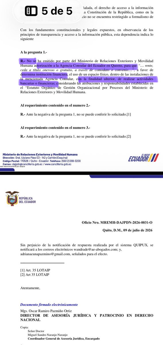 Drwandradee's tweet photo. 🚨ESCANDALOSA UTILIZACIÓN DEL CONSULADO EN QUENNS🇺🇸⁉️|| por parte de KAR ATAMAINT para beneficiar a un BANCO 🟡 del cual recibe beneficio$…pues con esta colaboración irregular se habrían canalizado/captado al rededor de 💲100 MILLONES de remesas, hasta el momento, de nuestros migrantes, la mayoría en situación migratoria irregular (ilegales), que en muchos casos habrían sido obligados a firmar formularios deficientemente traducidos en los cuales le hacen declararse falsamente como ciudadanos americanos o migrantes, para que puedan disponer de sus fondos transferidos a Ecuador, complicando su status migratorio, pues podrían ser acusados en USA de “felonía”; con el riesgo de involucrar al Estado ecuatoriano y al Gobierno de Mr. Daniel Noboa en investigaciones de posibles infracciones federales, por las operaciones indebidas y no autorizadas en el territorio gringo. 
PRUEBAS: 
1) La @CancilleriaEc ha certificado que no está autorizado el uso de las instalaciones a ningún título, para este efecto. (Ver img 1 y 2).

2) Sin embargo, el banco aventajado, PAGÓ varios arreglos en el @CEcuQueens como la señalética a cambio de que funcione una especie de agencia de servicios bancarios a pesar de que el banco involucrado no tiene autorización para operar en🇺🇸( Ver factura img 3 y 4).
✍️ Tenemos abundantes pruebas documentales de lo denunciado, incluyendo fotos y videos. 
✍️ Claramente, al menos existe un conflicto de intereses de la señora Diana Atamaint (@DianaAtamaint) por lo que esta deberá excusarse de participar en la sesión del Pleno del @cnegobec en la que se resuelva sobre la entrega de los formularios para la REVOCATORIA..@jr_cabreraz🔎