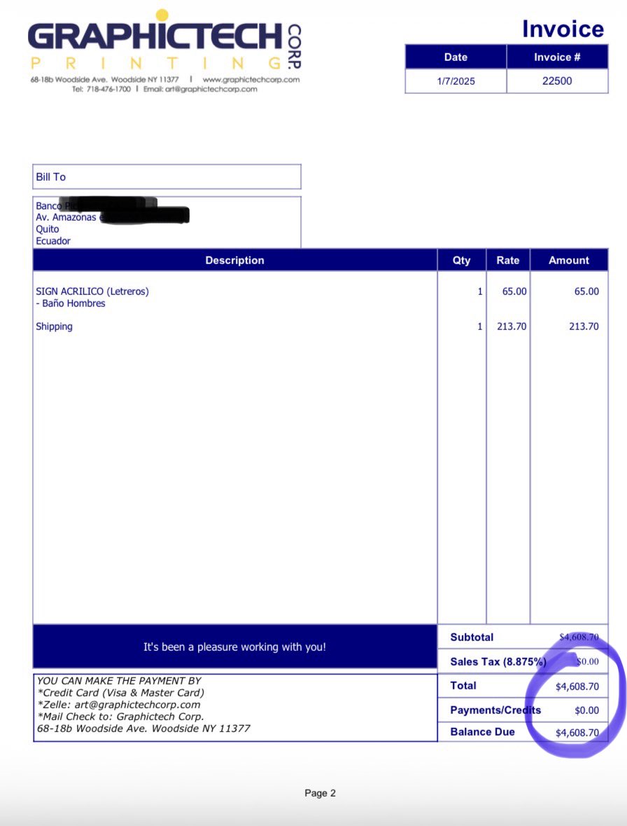 Drwandradee's tweet photo. 🚨ESCANDALOSA UTILIZACIÓN DEL CONSULADO EN QUENNS🇺🇸⁉️|| por parte de KAR ATAMAINT para beneficiar a un BANCO 🟡 del cual recibe beneficio$…pues con esta colaboración irregular se habrían canalizado/captado al rededor de 💲100 MILLONES de remesas, hasta el momento, de nuestros migrantes, la mayoría en situación migratoria irregular (ilegales), que en muchos casos habrían sido obligados a firmar formularios deficientemente traducidos en los cuales le hacen declararse falsamente como ciudadanos americanos o migrantes, para que puedan disponer de sus fondos transferidos a Ecuador, complicando su status migratorio, pues podrían ser acusados en USA de “felonía”; con el riesgo de involucrar al Estado ecuatoriano y al Gobierno de Mr. Daniel Noboa en investigaciones de posibles infracciones federales, por las operaciones indebidas y no autorizadas en el territorio gringo. 
PRUEBAS: 
1) La @CancilleriaEc ha certificado que no está autorizado el uso de las instalaciones a ningún título, para este efecto. (Ver img 1 y 2).

2) Sin embargo, el banco aventajado, PAGÓ varios arreglos en el @CEcuQueens como la señalética a cambio de que funcione una especie de agencia de servicios bancarios a pesar de que el banco involucrado no tiene autorización para operar en🇺🇸( Ver factura img 3 y 4).
✍️ Tenemos abundantes pruebas documentales de lo denunciado, incluyendo fotos y videos. 
✍️ Claramente, al menos existe un conflicto de intereses de la señora Diana Atamaint (@DianaAtamaint) por lo que esta deberá excusarse de participar en la sesión del Pleno del @cnegobec en la que se resuelva sobre la entrega de los formularios para la REVOCATORIA..@jr_cabreraz🔎