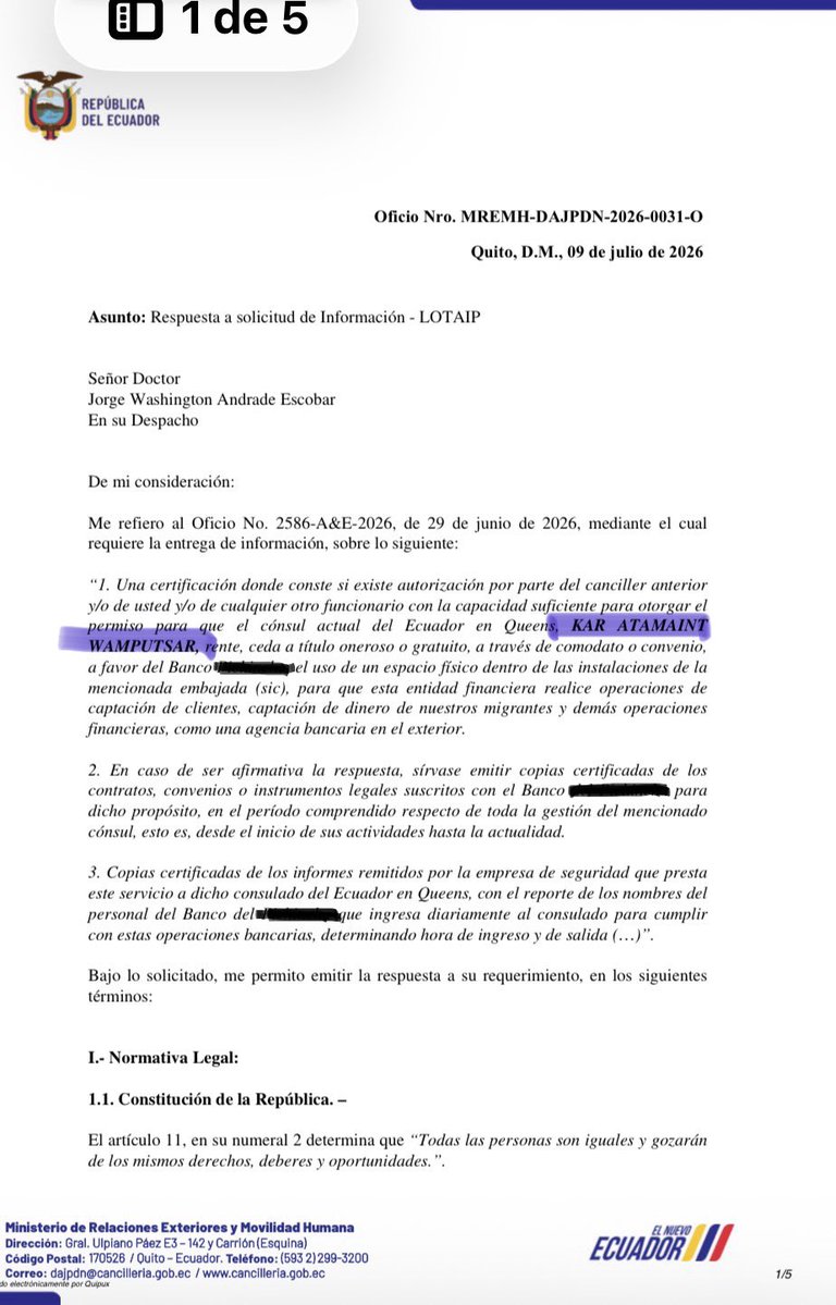 Drwandradee's tweet photo. 🚨ESCANDALOSA UTILIZACIÓN DEL CONSULADO EN QUENNS🇺🇸⁉️|| por parte de KAR ATAMAINT para beneficiar a un BANCO 🟡 del cual recibe beneficio$…pues con esta colaboración irregular se habrían canalizado/captado al rededor de 💲100 MILLONES de remesas, hasta el momento, de nuestros migrantes, la mayoría en situación migratoria irregular (ilegales), que en muchos casos habrían sido obligados a firmar formularios deficientemente traducidos en los cuales le hacen declararse falsamente como ciudadanos americanos o migrantes, para que puedan disponer de sus fondos transferidos a Ecuador, complicando su status migratorio, pues podrían ser acusados en USA de “felonía”; con el riesgo de involucrar al Estado ecuatoriano y al Gobierno de Mr. Daniel Noboa en investigaciones de posibles infracciones federales, por las operaciones indebidas y no autorizadas en el territorio gringo. 
PRUEBAS: 
1) La @CancilleriaEc ha certificado que no está autorizado el uso de las instalaciones a ningún título, para este efecto. (Ver img 1 y 2).

2) Sin embargo, el banco aventajado, PAGÓ varios arreglos en el @CEcuQueens como la señalética a cambio de que funcione una especie de agencia de servicios bancarios a pesar de que el banco involucrado no tiene autorización para operar en🇺🇸( Ver factura img 3 y 4).
✍️ Tenemos abundantes pruebas documentales de lo denunciado, incluyendo fotos y videos. 
✍️ Claramente, al menos existe un conflicto de intereses de la señora Diana Atamaint (@DianaAtamaint) por lo que esta deberá excusarse de participar en la sesión del Pleno del @cnegobec en la que se resuelva sobre la entrega de los formularios para la REVOCATORIA..@jr_cabreraz🔎