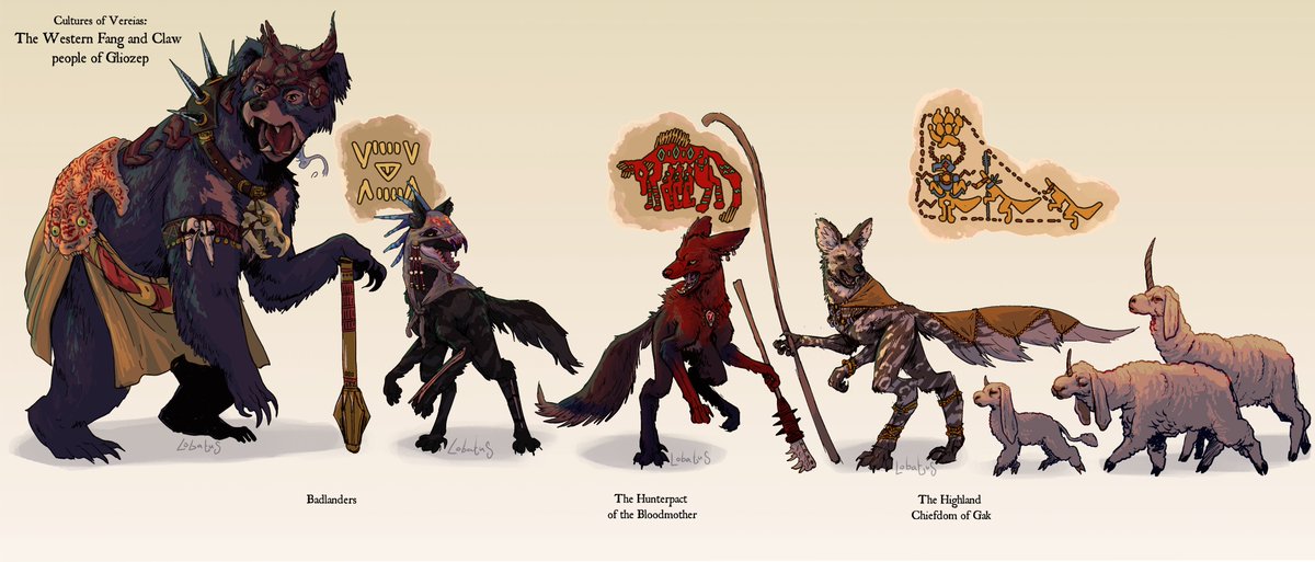 Lobatus1's tweet photo. Some of the various beastfolk cultures I designed for our project. They are animal people from the island of Gliozep, the largest landmass in the Great Archipelago. Minotaur, Ursine, Cynocephalite and Centaur https://t.co/Q5gXW4lhWa