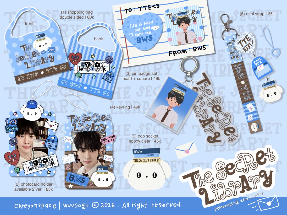 wuusogii's tweet photo. [ interest check! ] 📖

The Secret Library 📚💙
fanmeeting essentials!

OPEN PRE-ORDER SOON!

anyone wants to be tagged?
please drop your @ here 👇🏻💭

help like &amp; rt 🙇🏻‍♀️

#ByeonWooseok #변우석
#TheSecretLibrary
#TheSecretLibrary_in_Jakarta https://t.co/vosE27lNlJ