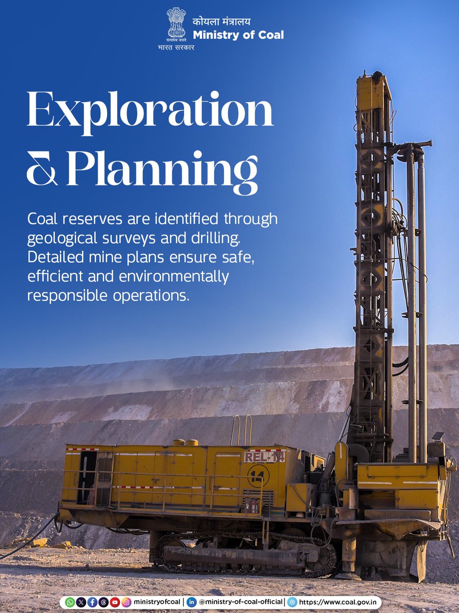CoalMinistry's tweet photo. From exploration to extraction, transportation, and land reclamation, coal mining follows a structured process at every stage.

It combines scientific planning, safe operations, efficient logistics, and responsible resource management to support India’s energy needs.

 #CoalMiningProcess #MinistryofCoal