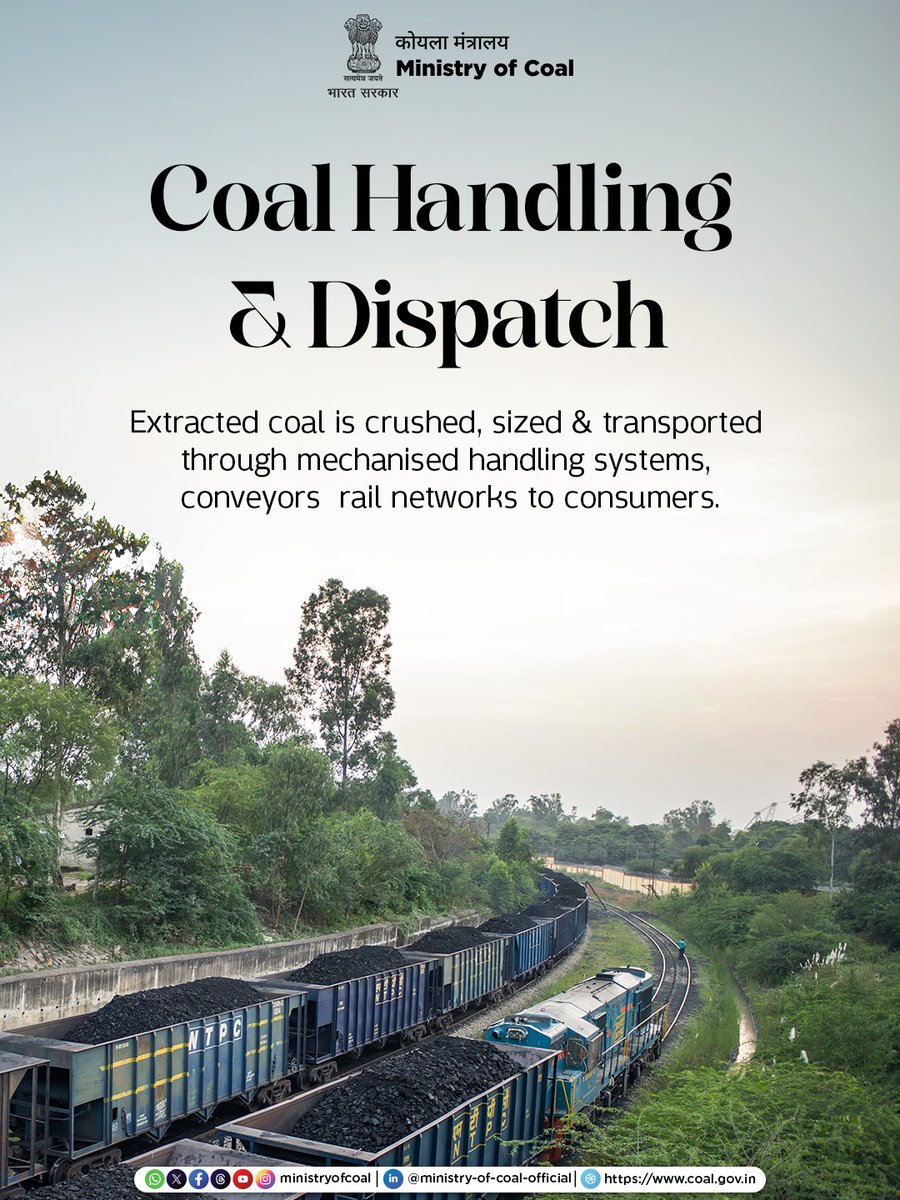 CoalMinistry's tweet photo. From exploration to extraction, transportation, and land reclamation, coal mining follows a structured process at every stage.

It combines scientific planning, safe operations, efficient logistics, and responsible resource management to support India’s energy needs.

 #CoalMiningProcess #MinistryofCoal