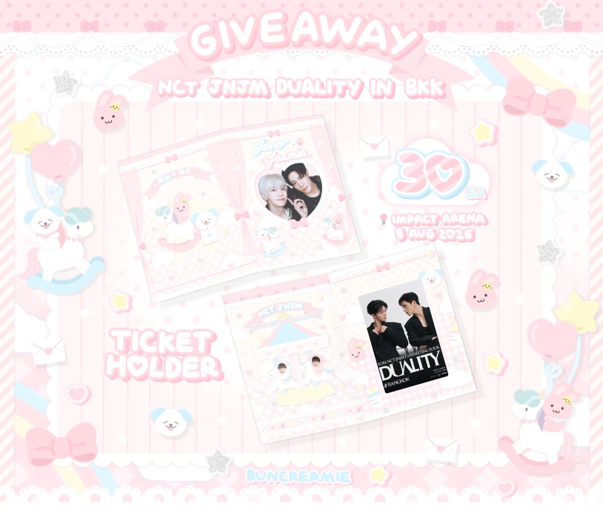 buncreamie's tweet photo. pls kindly rt 🎀

giveaway jnjm fanmeeting ✉️
♡ ticket holder 30 ea

date : 8 august 2026
location : impact arena 
🍦 rt &amp; show this tweet 

#NCTJNJM_FANMEETING_TOUR 
#NCTJNJM_FANMEETING_TOUR_DUALITY https://t.co/WbN7GRlmDd