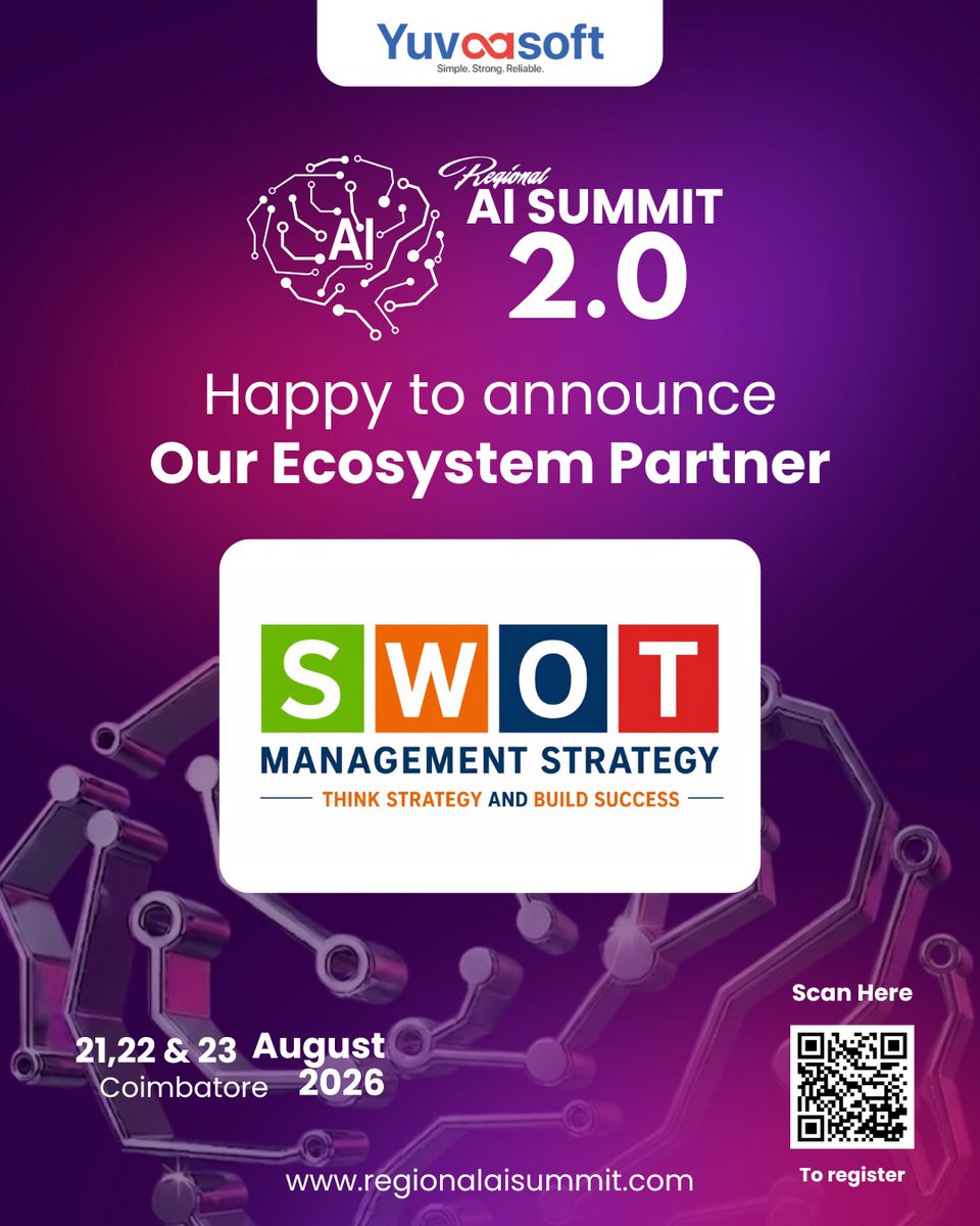 RegionalAI's tweet photo. Welcome SWOT Management Strategy as the Official Ecosystem Partner of Regional AI Summit 2.0!

Proud to have RAM PRASAD MBA join our mission to empower the next generation through AI, innovation, and collaboration.

📍 Coimbatore
📅 Aug 21–23, 2026
🌐 https://t.co/UnuK2N6lVq https://t.co/Ks9oyhsxHC