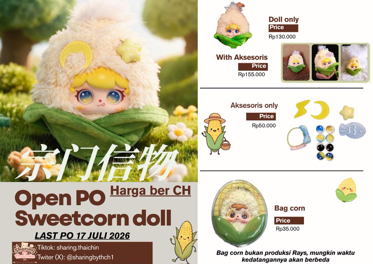 Sharingbythch1's tweet photo. 🌽 Sweetcorn Doll Open PO ✨
Gemes banget nggak sih? 🤏💛
PO dibuka sampai 17 Juli 2026 ya!
Detail harga ada di slide.
Kalau ada yang mau tanya atau order, langsung DM aja ya.🤍
#sweetcorndoll https://t.co/o58iS7jwD8