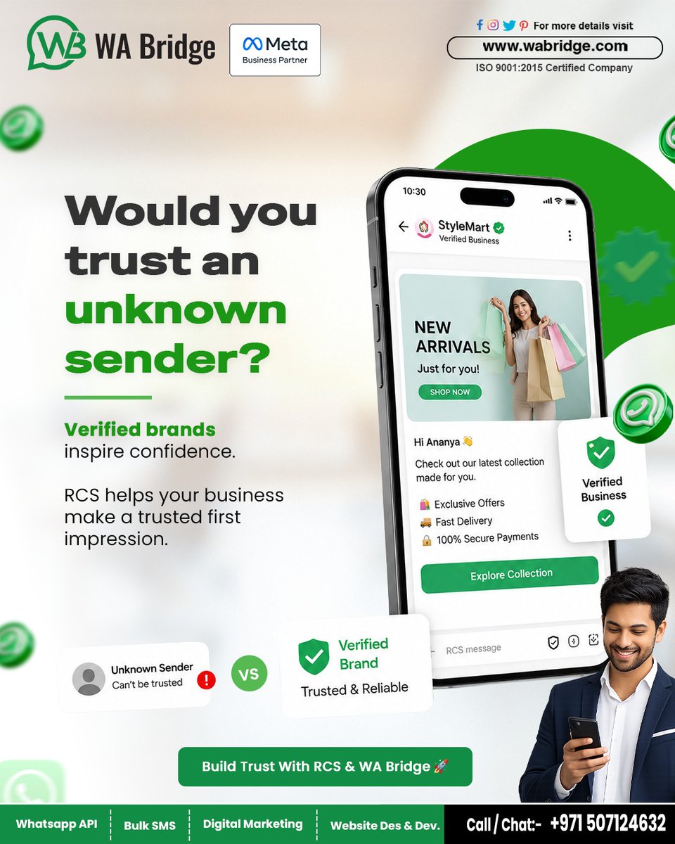 wabridge_uae's tweet photo. Would you trust an unknown sender?
Your customers prefer messages from verified businesses.
🚀 Turn every message into a trusted brand experience.
📞 +971 507124632
🌐 https://t.co/Zp0q1EphgT
#WABridge #RCS #VerifiedBusiness #BusinessMessaging #CustomerTrust #DigitalMarketing https://t.co/a9aauoNNzb