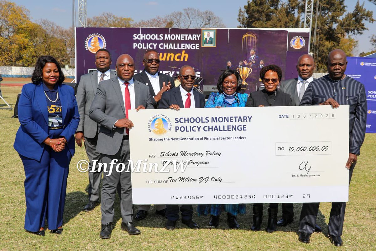 nickmangwana's tweet photo. Reserve Bank of Zimbabwe Governor, Dr John Mushayavanhu, presented ZiG 10 million towards the Schools Monetary Policy Challenge launched in Harare today. The challenge aims to equip school children with financial literacy skills and get them involved in national discourse.
#SMPC
#FinancialLiteracy
