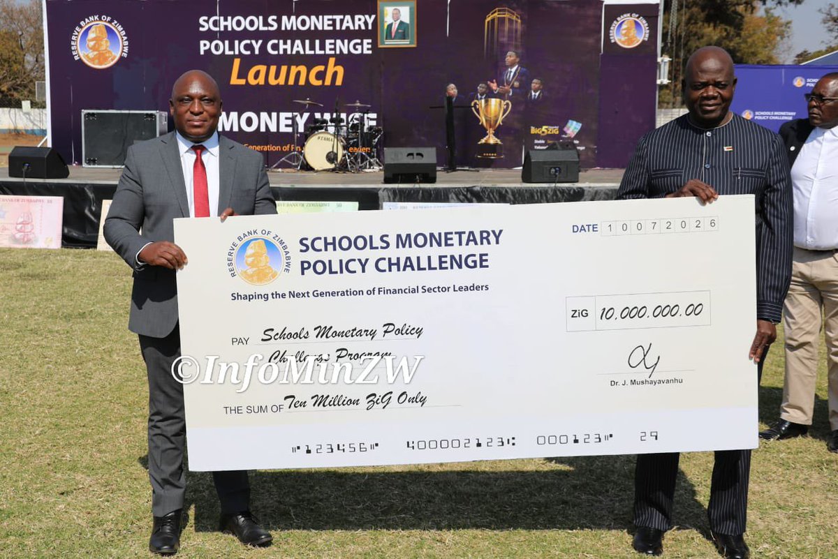 nickmangwana's tweet photo. Reserve Bank of Zimbabwe Governor, Dr John Mushayavanhu, presented ZiG 10 million towards the Schools Monetary Policy Challenge launched in Harare today. The challenge aims to equip school children with financial literacy skills and get them involved in national discourse.
#SMPC
#FinancialLiteracy
