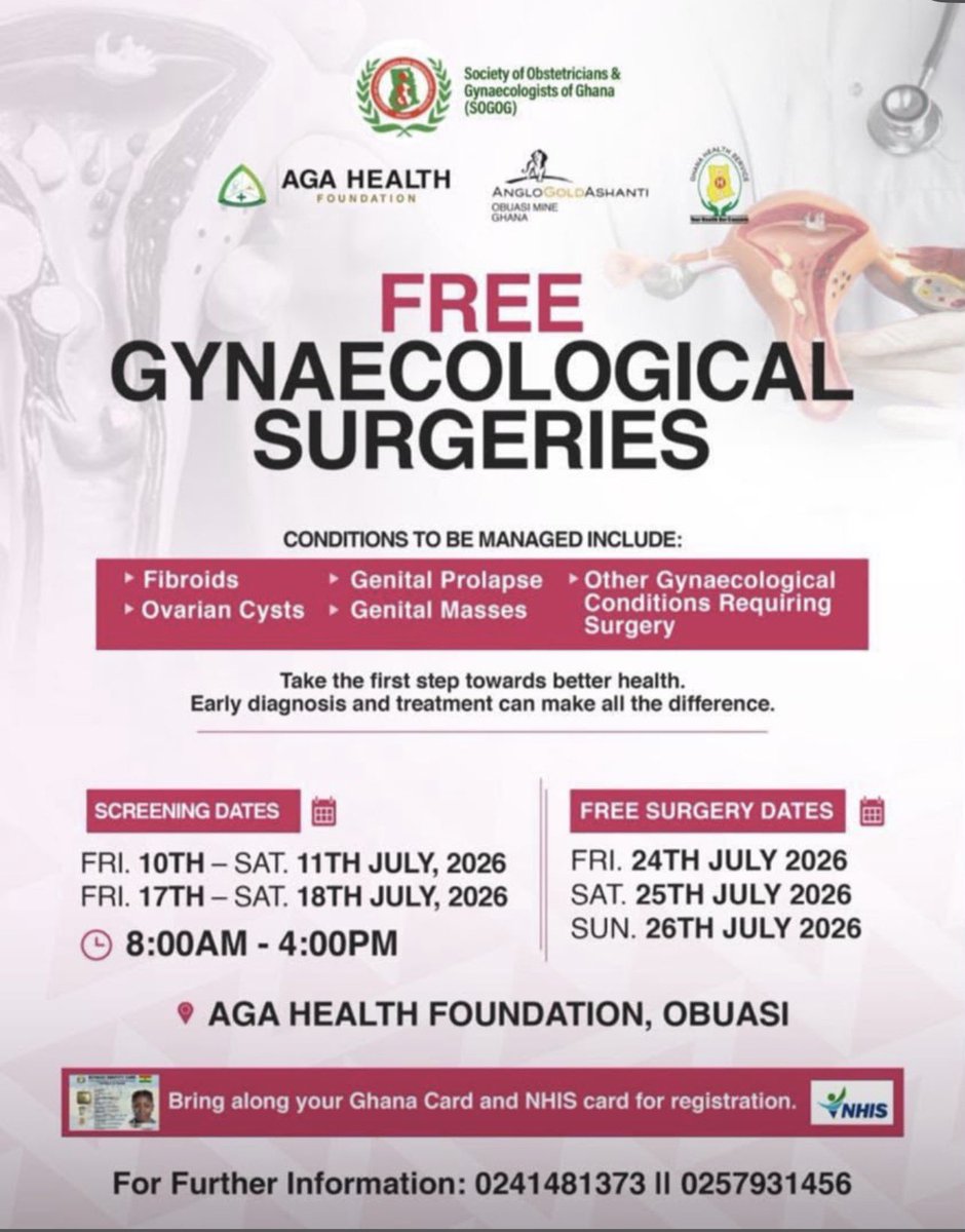 DrManful26's tweet photo. Free Gynecological surgeries taking place at AngloGold Ashanti health foundation in Obuasi this month. 

Contact the numbers if interested 🙏🏼 https://t.co/ONbaJbOzQb