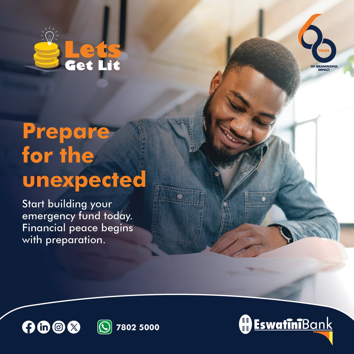 EswatiniB's tweet photo. Life is unpredictable, but your finances don’t have to be.
Start building an emergency fund while growing your money through smart investment choices.
Secure today. Prepare for tomorrow.
#EswatiniBank #LibhangeLesive #LetsGetLit #FinancialPlanning #InvestSmart #EmergencyFund https://t.co/CfdeV8n1pe