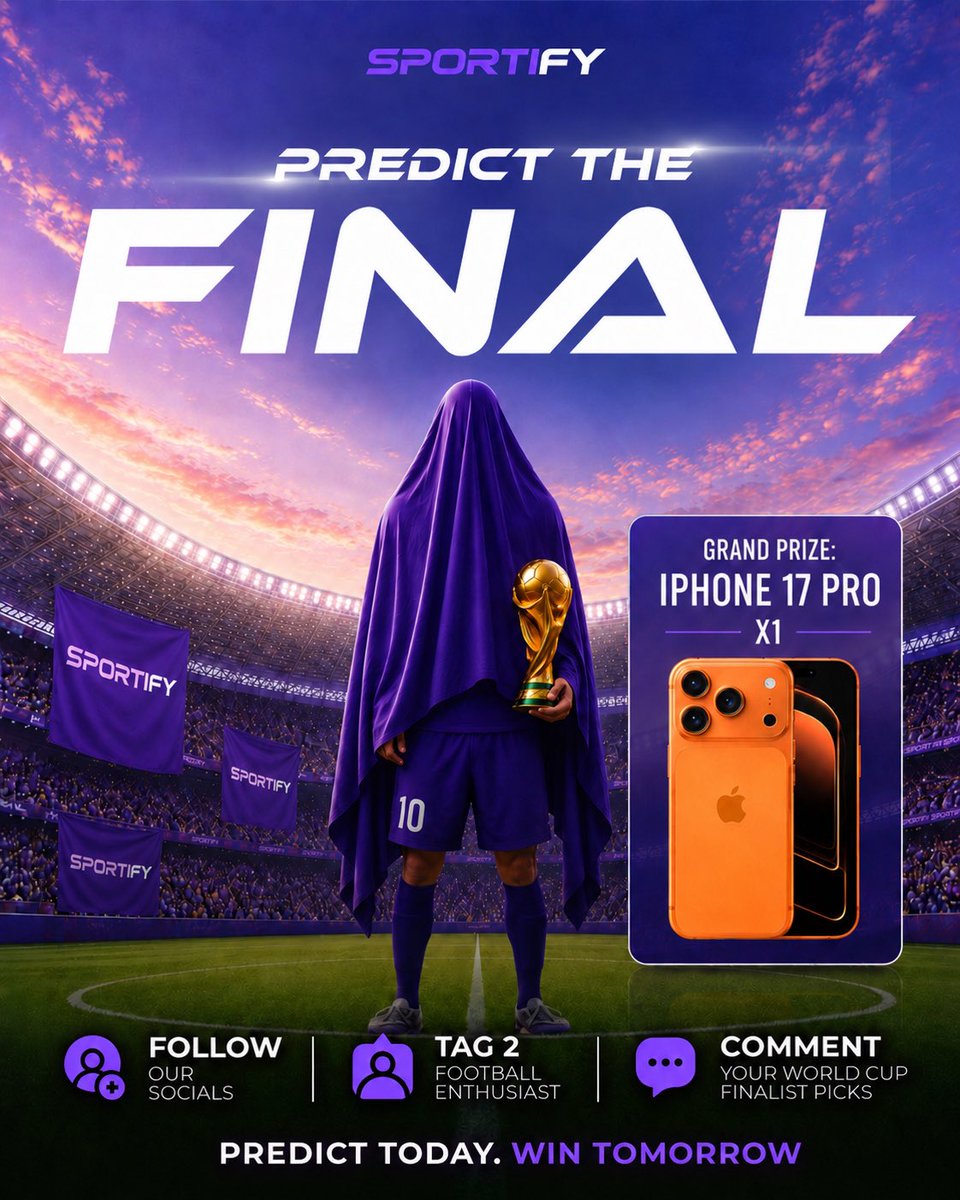 Sportifylive_io's tweet photo. Our iPhone 17 Pro giveaway is still ongoing! Make sure you comment your finalist prediction on our pinned post.

#FIFA #WorldCup #WorldCup2026 #iphone17 #iphone17pro #iphonegiveaway #giveaway https://t.co/I99ujccDuI