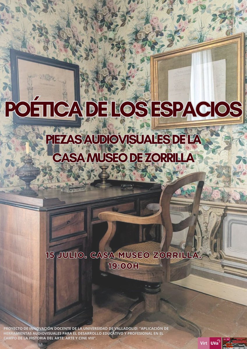 FyL_UVa's tweet photo. 🏛️🎥 ¿Puede un espacio contar una historia?

El próximo 15 de julio, la Casa Museo de Zorrilla acoge el visionado de Poética de los espacios, una muestra de piezas audiovisuales creadas por alumnado de Hª del Arte y del @MasterEnCineUVa https://t.co/MrIxNN1mMB