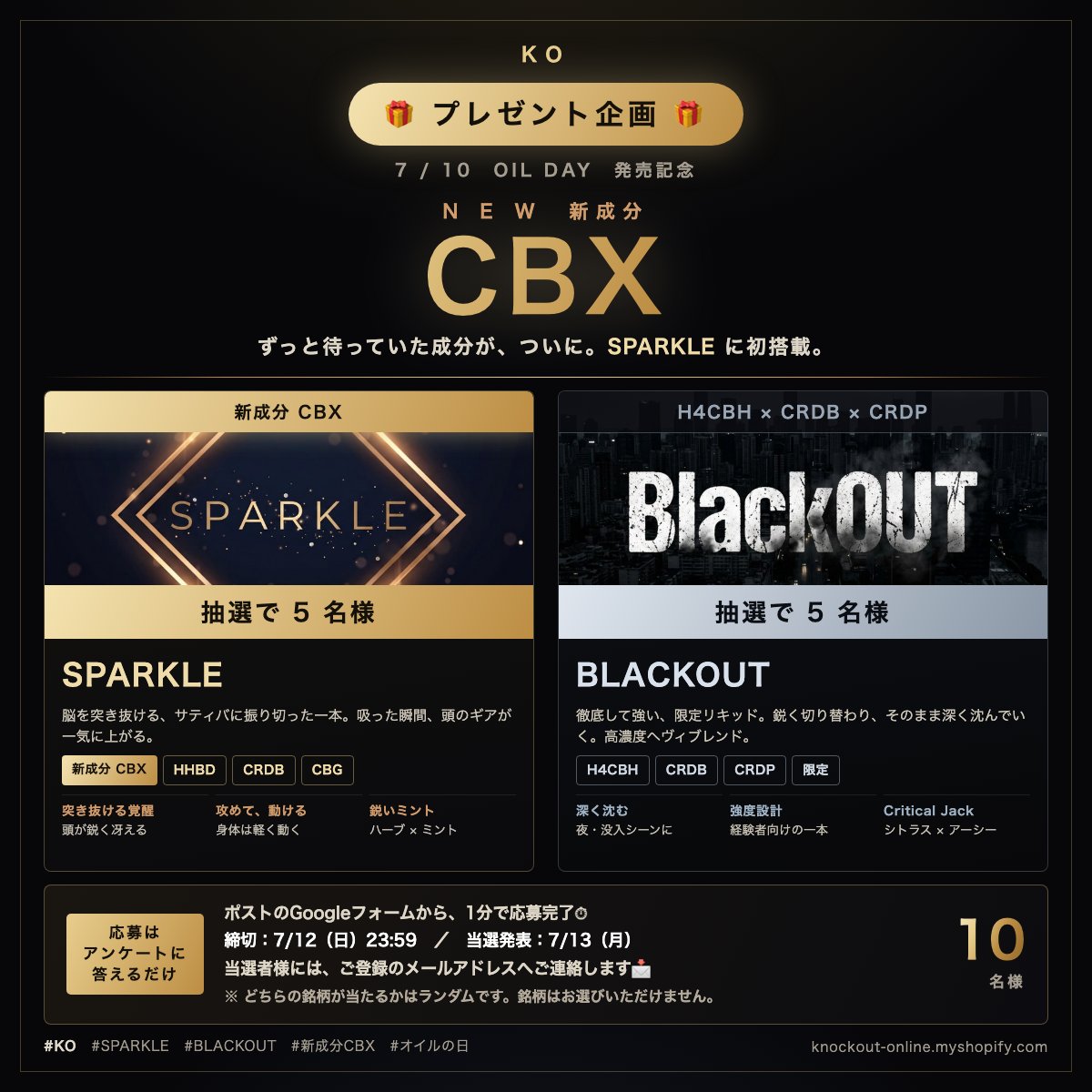 ccjlab's tweet photo. 🎁 新成分CBX 発売記念プレゼント企画 🎁

本日は 7/10、オイルの日🛢
そして新成分 CBX が、ついにKОのリキッドになった日です🧬💥

記念にプレゼント企画を開催します🔥

⚡ SPARKLE（本日発売・CBXリキッド）… 抽選で 5名様
🌑 BLACKOUT（限定リキッド）… 抽選で 5名様

合計 10名様 にプレゼント✨🎉

📝 応募は下のフォームから、アンケートに答えるだけ。1分で終わります👇
🔗 https://t.co/RI5YRWQp7i

⏰ 締切：7/12（日）23:59
🎉 発表：7/13（月）ご登録のメールアドレスへご連絡します📩

※ どちらの銘柄が当たるかはランダムです。銘柄はお選びいただけません。

新成分CBX、いよいよです⚡🧠🔥
たくさんのご応募、お待ちしております🙏

🔗 https://t.co/zFprXo8Dpv