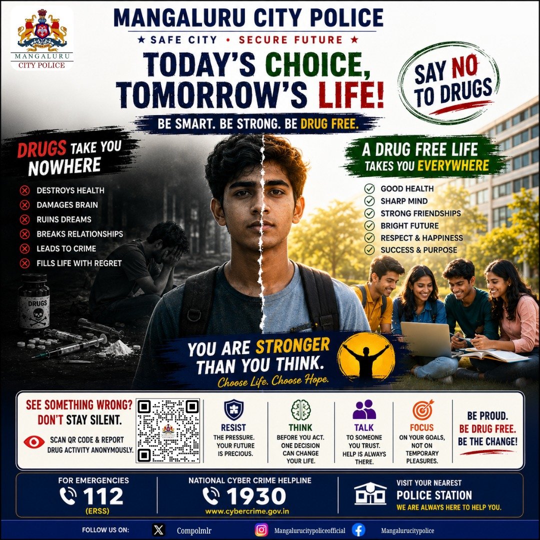 compolmlr's tweet photo. Your future is worth more than any high. 📚💪

Say **NO** to drugs. Say **YES** to your dreams, education, and a brighter future.

If you notice drug abuse or peddling, report it confidentially through the official QR code.

#SayNoToDrugs #DrugFreeMangaluru  #MangaluruCityPolice https://t.co/1ixJooALdd