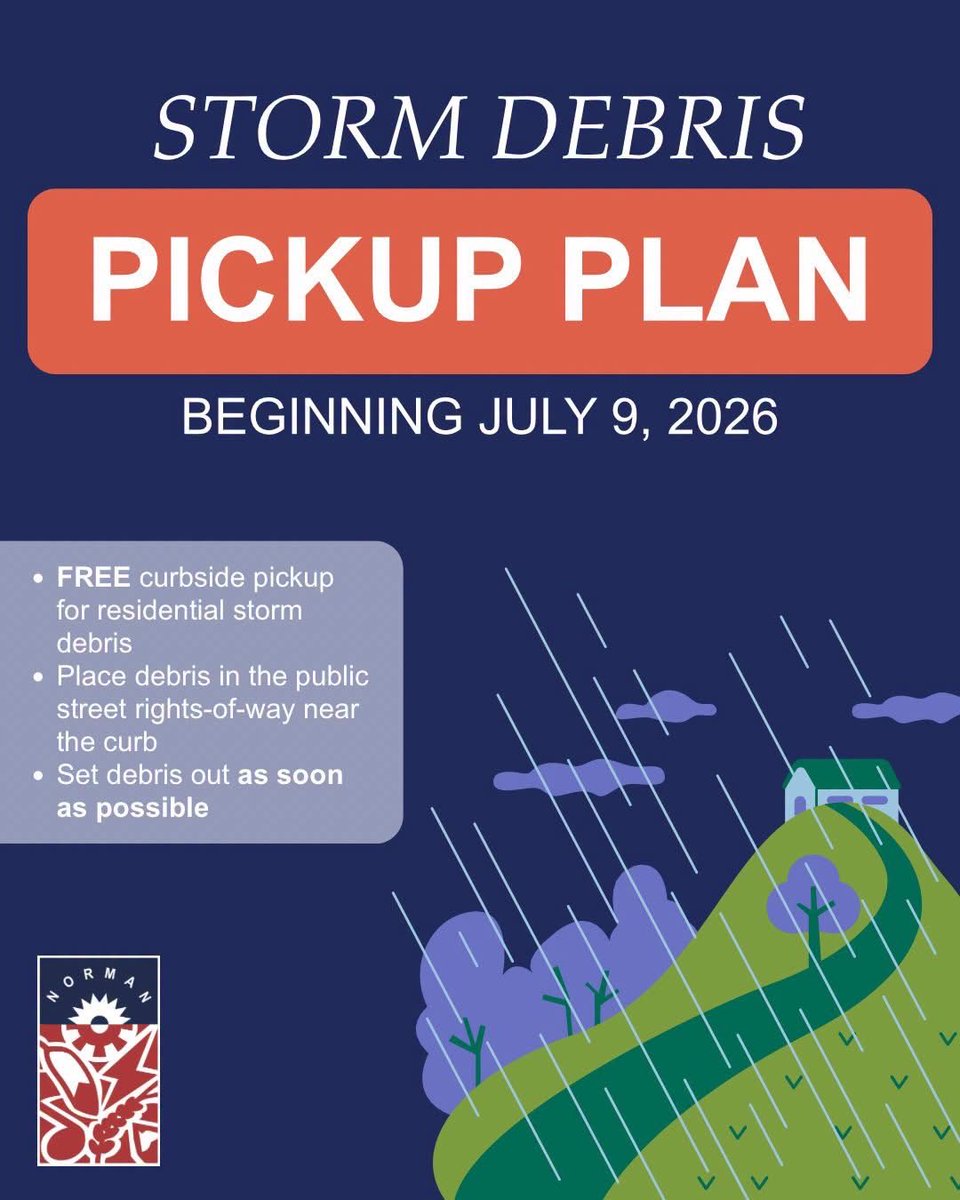cityofnormanok's tweet photo. Storm debris pickup has begun!

🌳 Place storm debris in the public rights-of-way
🪵 Separate vegetative debris from construction &amp; demo debris.
🚫 Keep debris away from any obstructions

Learn more: https://t.co/v55sMgPac6 https://t.co/GLTREiBuVU