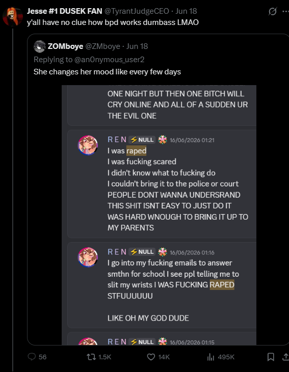 miza82's tweet photo. @kazefiend @Chip_Bucket so its a baseless "trust me" claim. surely someone would have screenshotted it

we only have this which her fans defended as bpd (glass-house argument) https://t.co/Yi1prTaIuI