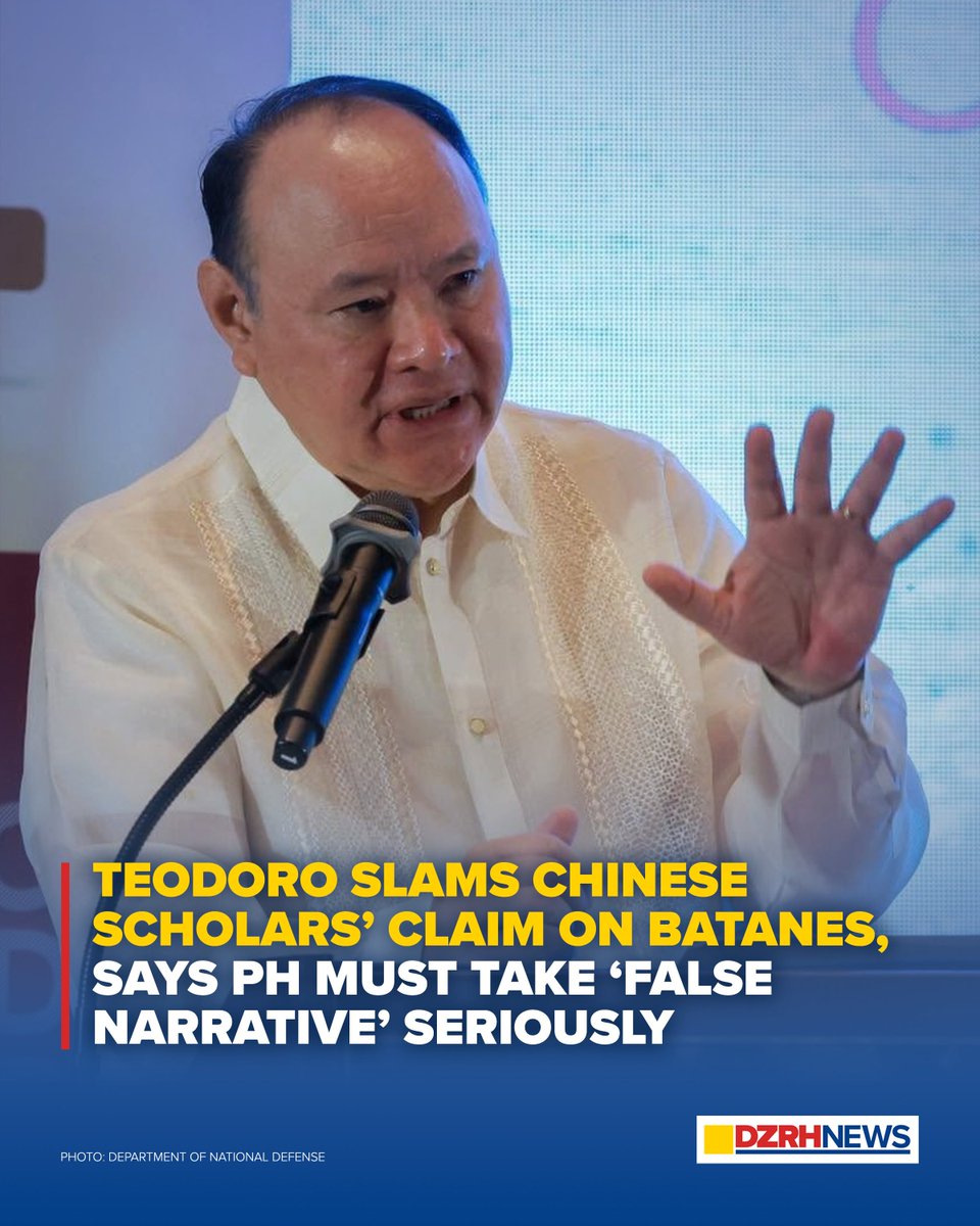 dzrhnews's tweet photo. ‘SERYOSOHIN NATIN ITO, HUWAG NATING BIRU-BIRUIN ITO’

Department of National Defense (DND) Secretary Gilberto “Gibo” Teodoro Jr. warned against dismissing claims by Chinese scholars that Batanes belongs to China, saying such narratives must be taken seriously as they may contribute to the spread of false information. 

The Department of Foreign Affairs (DFA), meanwhile, reaffirmed that the Philippines’ sovereignty over Batanes is settled and not open to debate. | DZRH News

READ: https://t.co/3eHGtSBAI9