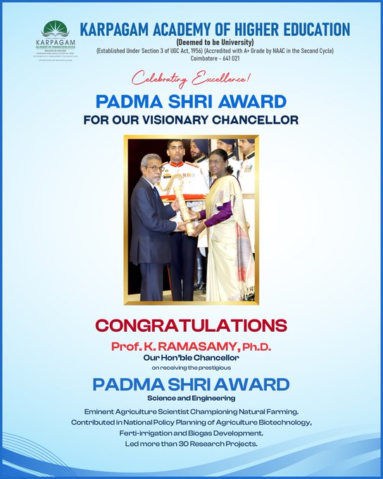 AIRMarkapuram's tweet photo. We proudly congratulate Prof. K. Ramasamy, Ph.D., Hon’ble Chancellor of KAHE, on being conferred the prestigious Padma Shri Award in Science and Engineering. https://t.co/f7MTVDiDK8