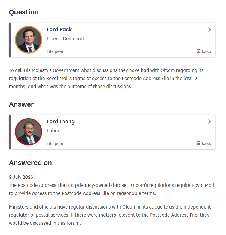 owenboswarva's tweet photo. A typical non-answer from the UK Government on the subject of the Postcode Address File https://t.co/kQbWIiFEcl HT Mark Pack
While PAF is "privately-owned" by Royal Mail, it is compiled mostly from address records created by local government
#opendata #openaddresses #freethePAF https://t.co/HscUdEGq5C