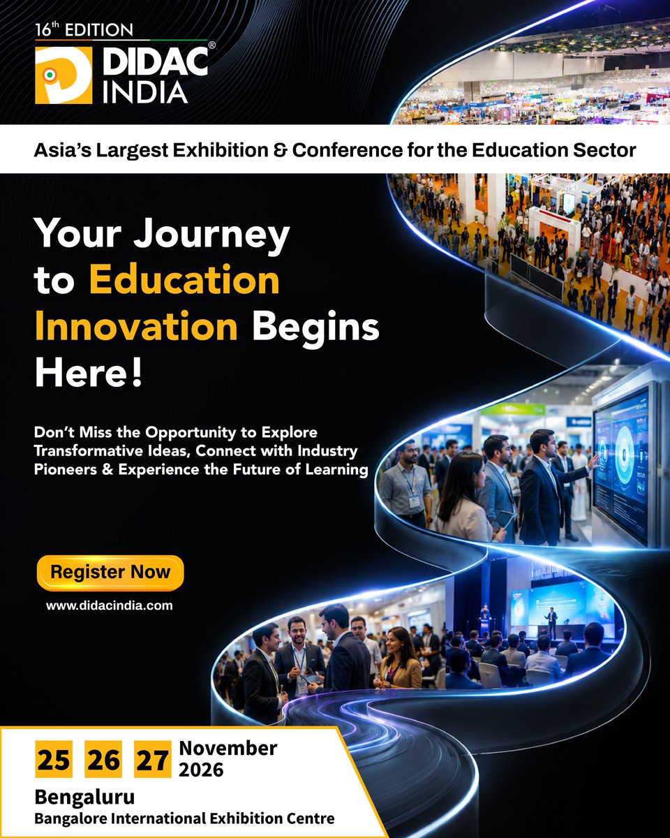 DidacIndia's tweet photo. Step into three days of groundbreaking EdTech, hands-on innovation and conversations that are redefining how India learns.

📅 25 | 26 | 27 November 2026
📍BIEC, Bangalore

#DidacIndia2026 https://t.co/FtZv9VYroq