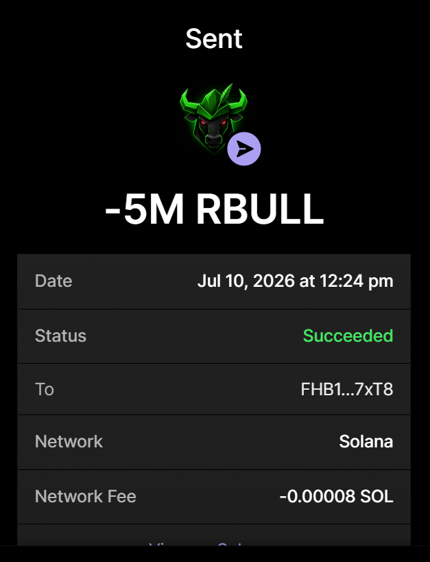 RobinBullSolana's tweet photo. ✅ Purchase of  5 MILLION $RBULL completed for 0.5 $SOL

1 $SOL = 5,000,000 $RBULL

TX - https://t.co/W0BelfzKMX

Buy On $RBULL ON X 
Send between 0.2 SOL and 10 SOL to: RBU1SkSjGWRokv8QAcv85sWFGhTg6YQDVJRejHif9Yy

1 SOL = 10M $RBULL
5 SOL = 100M $RBULL 

Retweet & Drop SOL Address