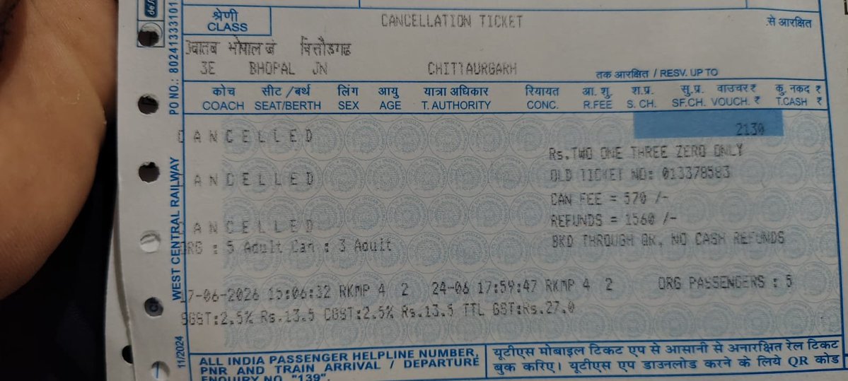 chanchalaiims's tweet photo. I partially cancelled  3 window train tickets as images but still not got refund amount in my account from i paid online. @IRCTCofficial @RailwaySeva @RailMinIndia pnr 8549818670,8938035226,2838551060 total amount rs 2980/- Booking station RKMP Bhopal https://t.co/o4Sp7pdlKn