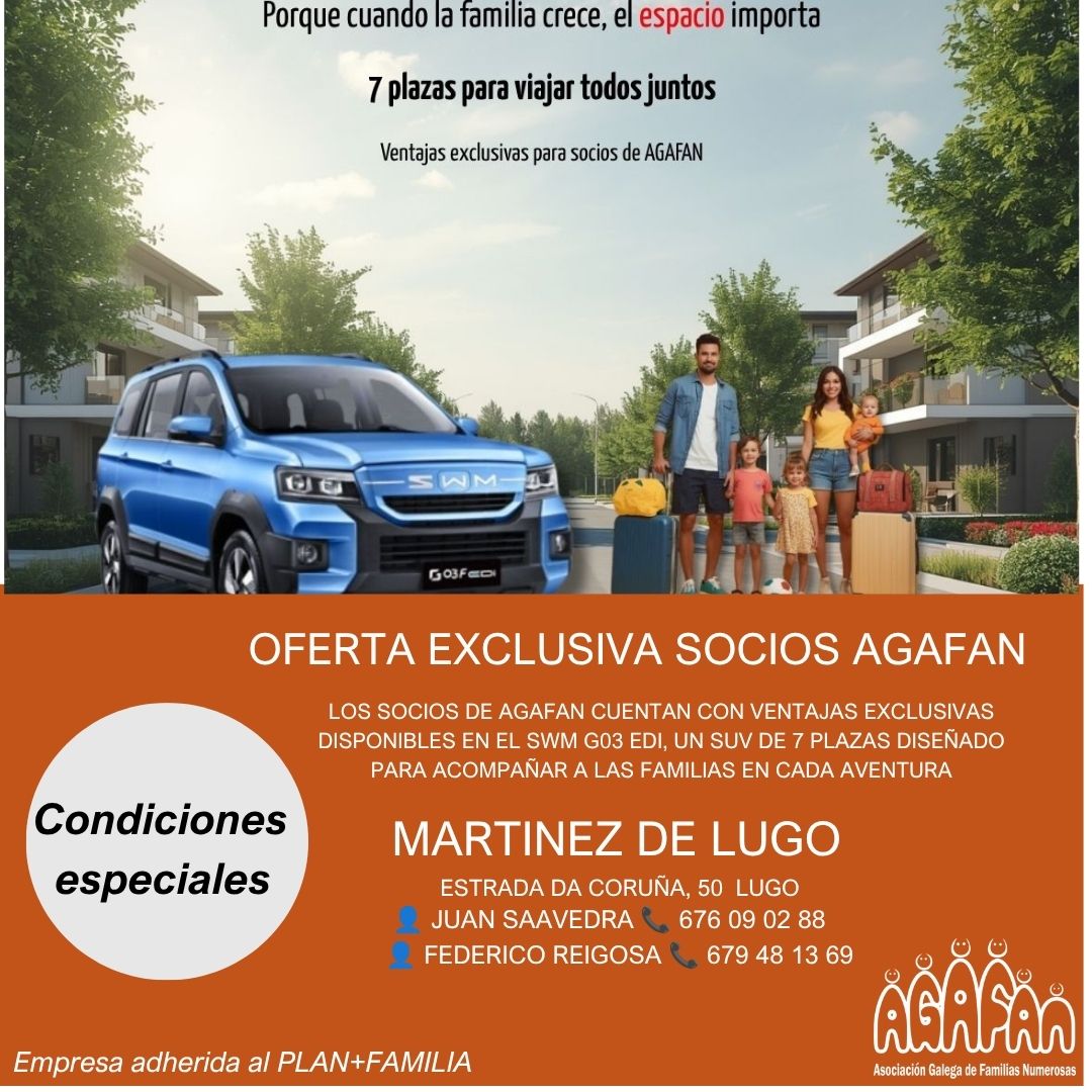 AGAFAN's tweet photo. Viajar en familia  significa compartir momentos... y también necesitar más espacio.  Los #sociosagafan disponen de condiciones especiales en @martinezdelugomdl para la compra del SWM G03 EDI, un SUV de 7 plazas🚗🚙 #planmásfamilia #paraquesermáscuestemenos https://t.co/Gapl5sK5PI