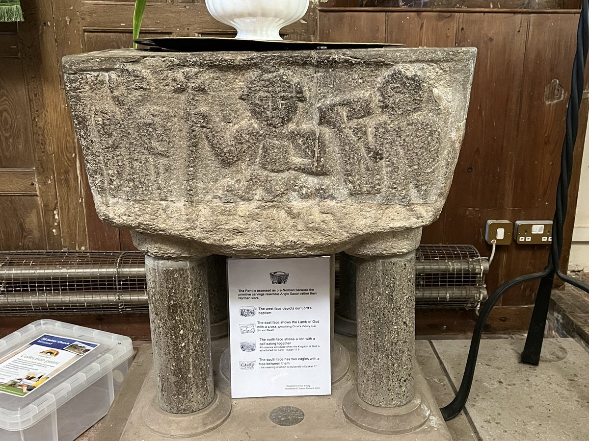 harundinis's tweet photo. The Norman (though some think Anglo Saxon) font at All Saints, Minstead, Hampshire. This side depicts the Baptism of Christ.  #FontsonFriday https://t.co/sWE1e3kMYr