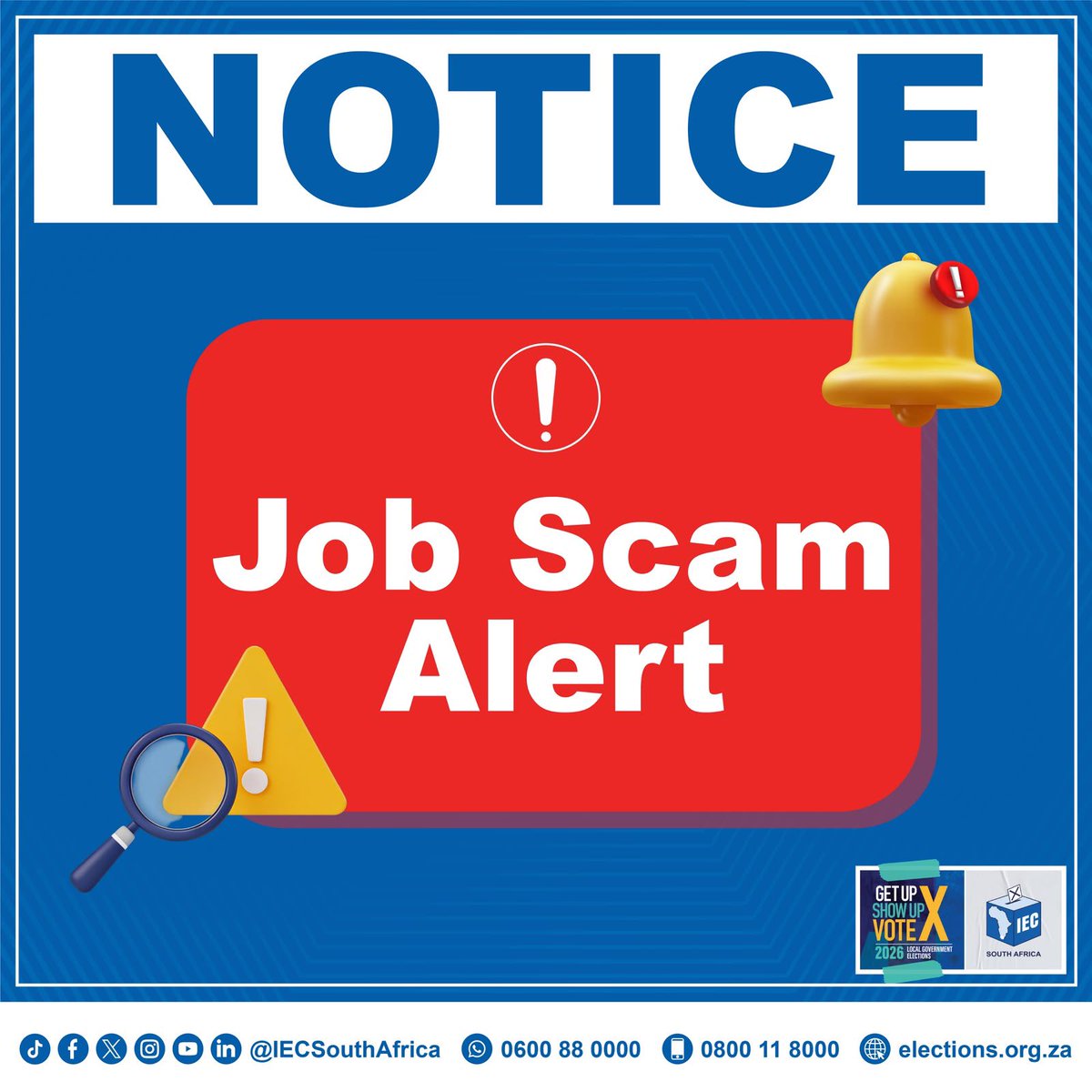 IECSouthAfrica's tweet photo. 🚨FAKE IEC job offers circulating online 

Don't fall for fraudulent job ads claiming to be from the IEC. Scammers are targeting job seekers

✅ All IEC jobs are on our official website: https://t.co/2gxFtmtmkt 

❌ We DON'T recruit through WhatsApp, random websites.

#fakejobs https://t.co/QdqTZ9MQt3