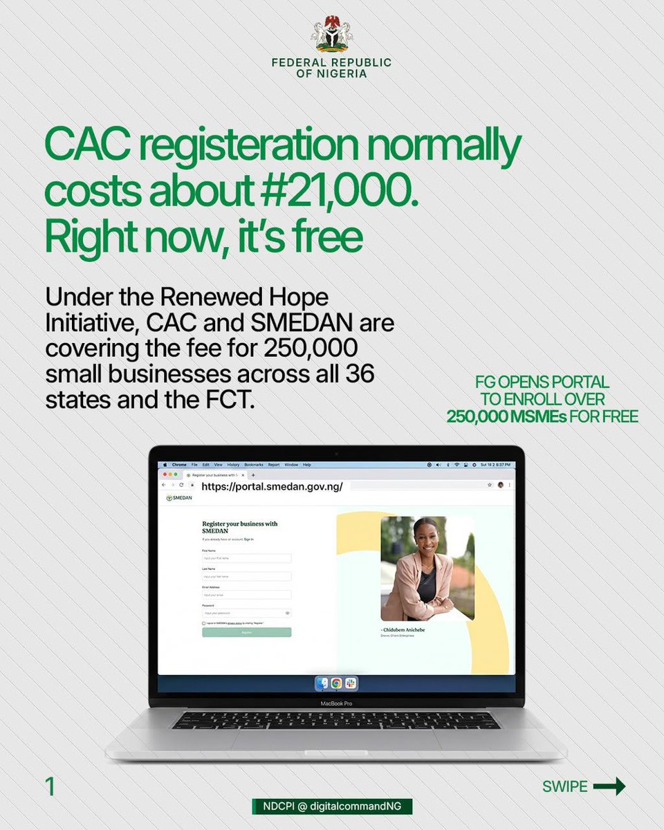 CityBoyMedia's tweet photo. If you run a small business or have been thinking about formalising your hustle, this is for you.

President Bola Ahmed Tinubu has approved free CAC registration for 250,000 MSMEs across Nigeria, through a partnership between SMEDAN and the Corporate Affairs Commission.

Before: ₦21,000.
Now: FREE.

No registration fee. Just an opportunity to formalise your business, build credibility and open new doors to finance, grants, partnerships and markets.

If you know a young entrepreneur, trader, creator, artisan or small business owner who needs this, please share it with them.

Register through SMEDAN today. Don’t sleep on this opportunity.

https://t.co/pcJA44GFVR

@SMEDANGov 
@TheCharlesOdii 

#PresidentialVillaUpdates

cc: @STinubu 
@ayowisdom_ 
@shoga_francis 
@kokomatic 
@official_mubbys