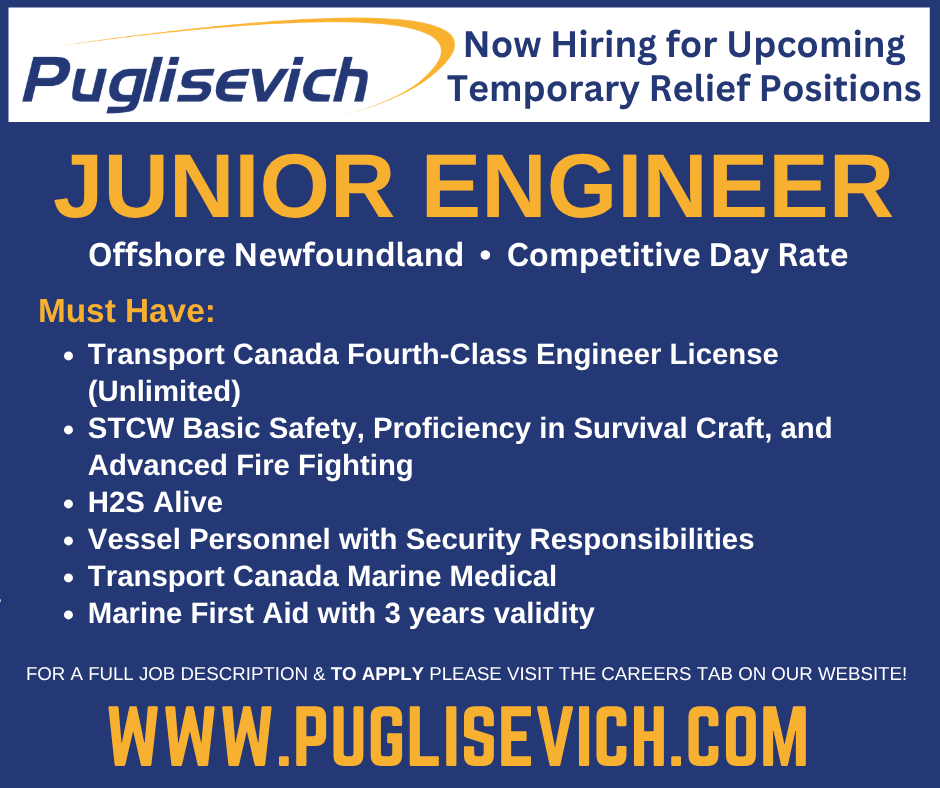 PCSLNL's tweet photo. Now Hiring for Upcoming Temporary Relief Positions
Junior Engineer
Offshore Newfoundland
Competitive Day Rate

 For a full job description and to apply click the link below:
 https://t.co/957OZjhGeN https://t.co/d8X2hqe5Qd