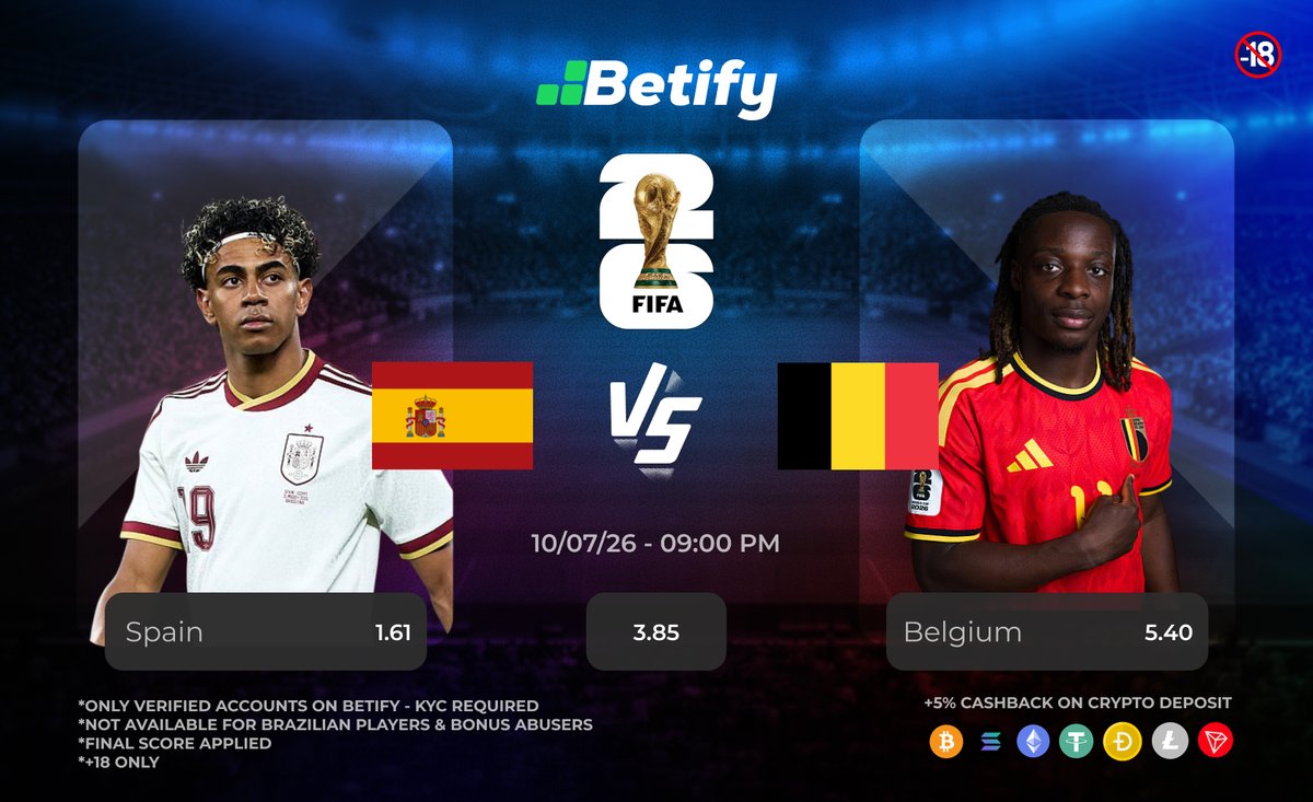 Betify's tweet photo. FIFA World Cup 2026 ⚽️

🇪🇸 Spain 🆚 Belgium 🇧🇪

Predict first player scorer + final score for a chance to win a tip 🔥💸

💚 + RT ♻️ + 🔔 Follow @Betify
⚠️ 1 guess per account
No Betify🆔 = No participation
3 winners 🏆

⚽️ https://t.co/FRyIxax5vS https://t.co/kOJX9mU0eM